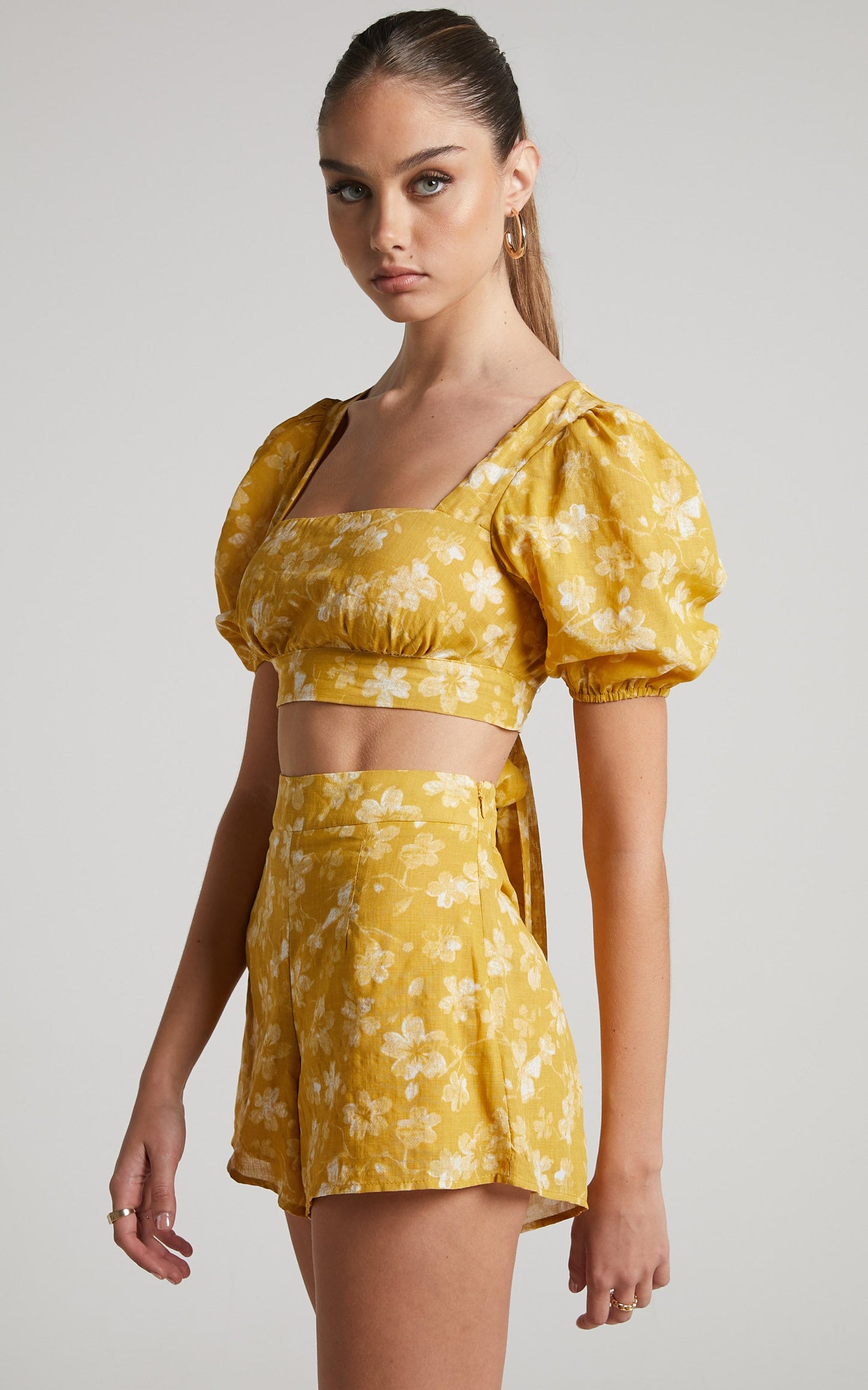 Zilda Two Piece Set -Linen Open Back Puff Sleeve Crop Top and High Waist Shorts Set in Yellow