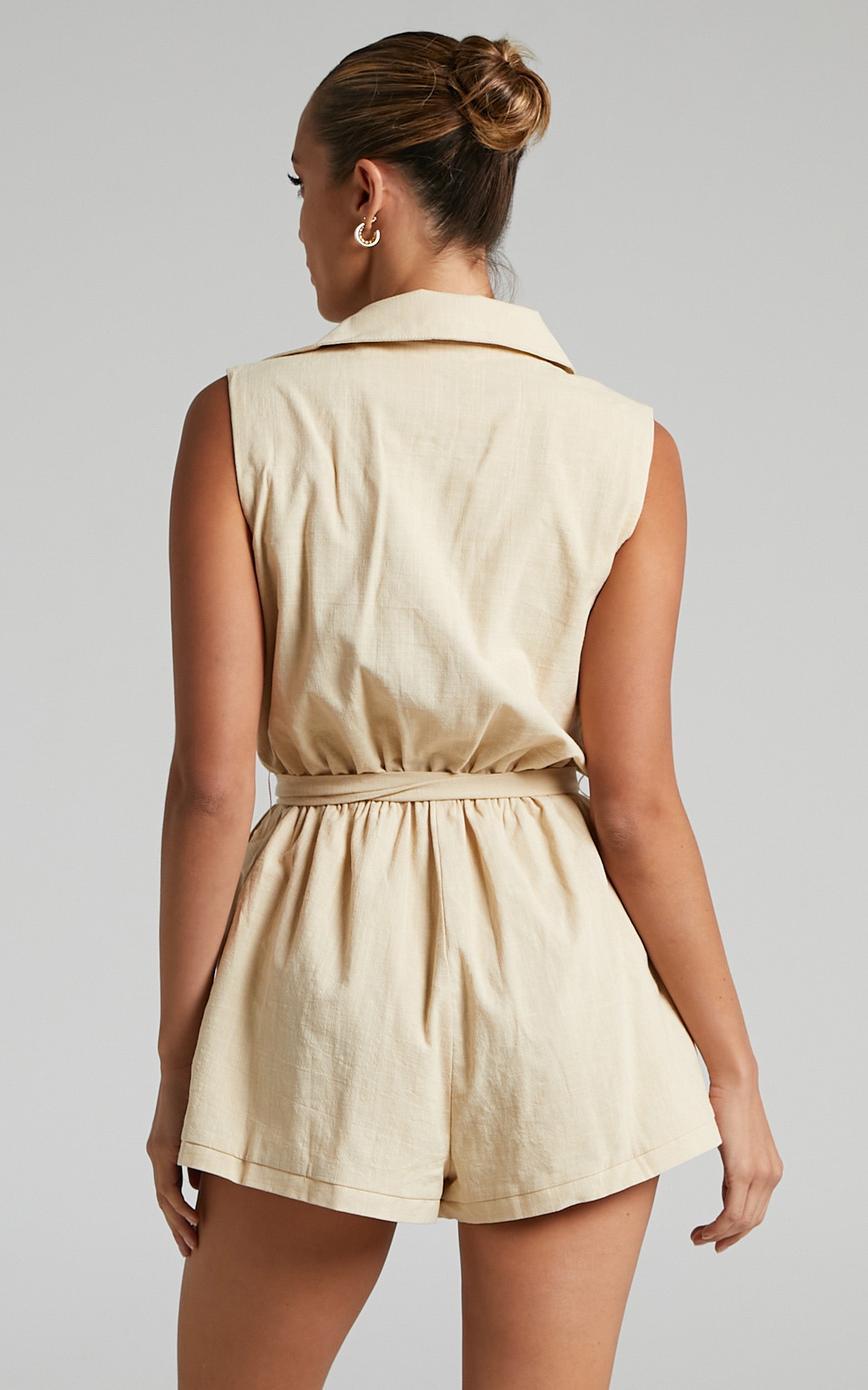 Zabel Utility Button Up Sleeveless Playsuit in Cotton in Sand