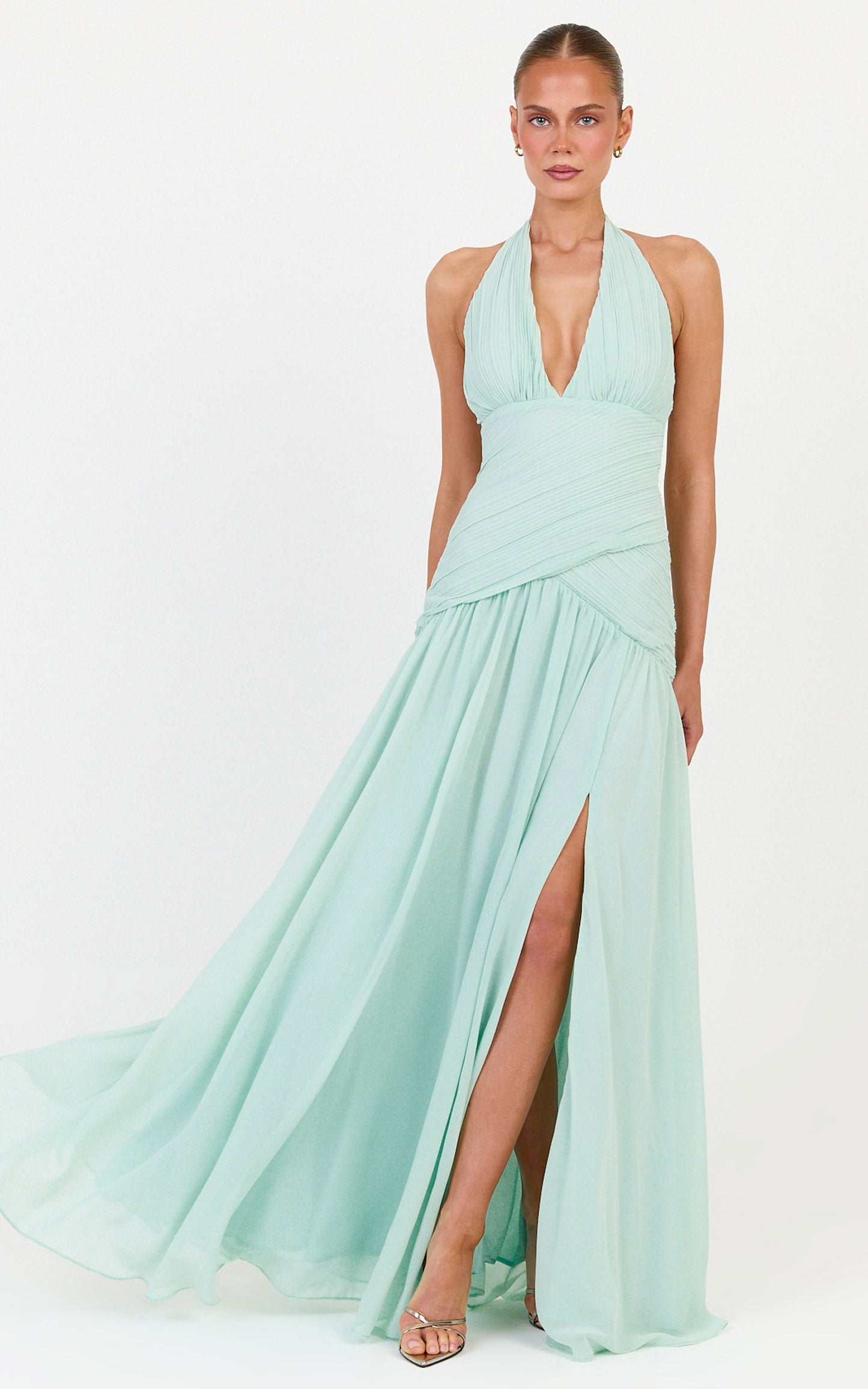 Zadie Maxi Dress - Plunge Halter Neck Dropped Cross Waist Dress in Mint