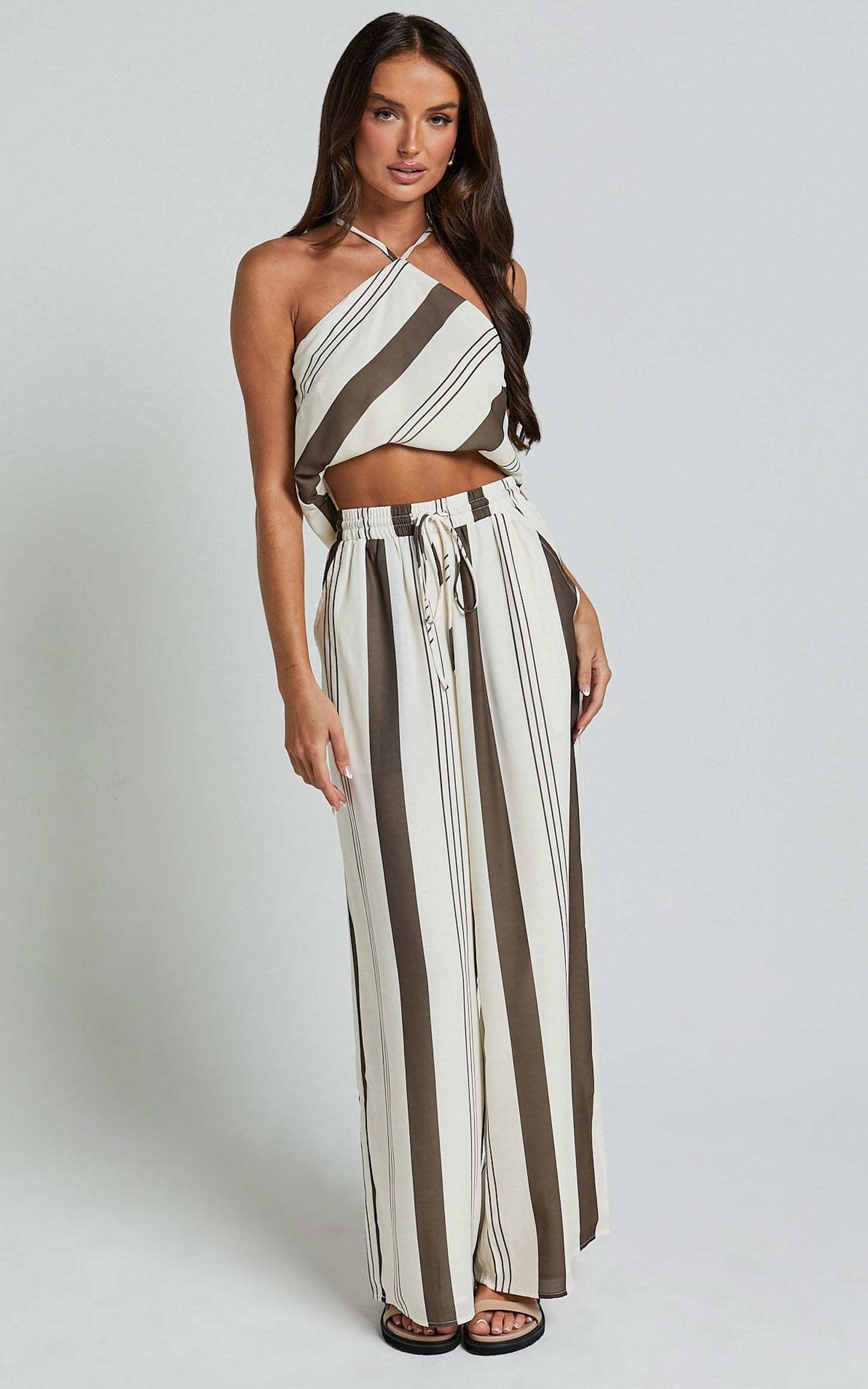 Zahara Pants - High Waisted Relaxed Wide Leg Pants in Choc Stripe