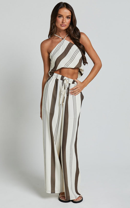 Zahara Pants - High Waisted Relaxed Wide Leg Pants in Choc Stripe