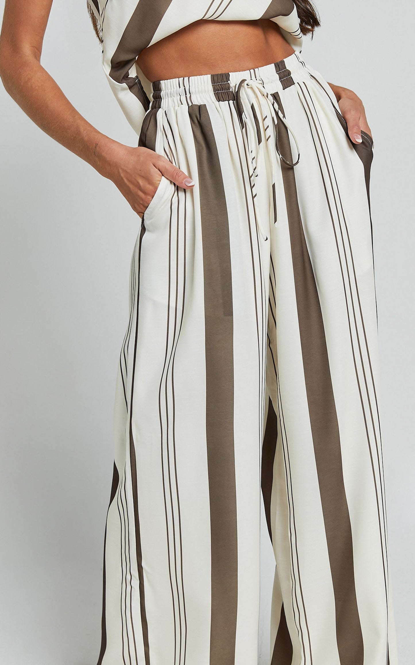 Zahara Pants - High Waisted Relaxed Wide Leg Pants in Choc Stripe