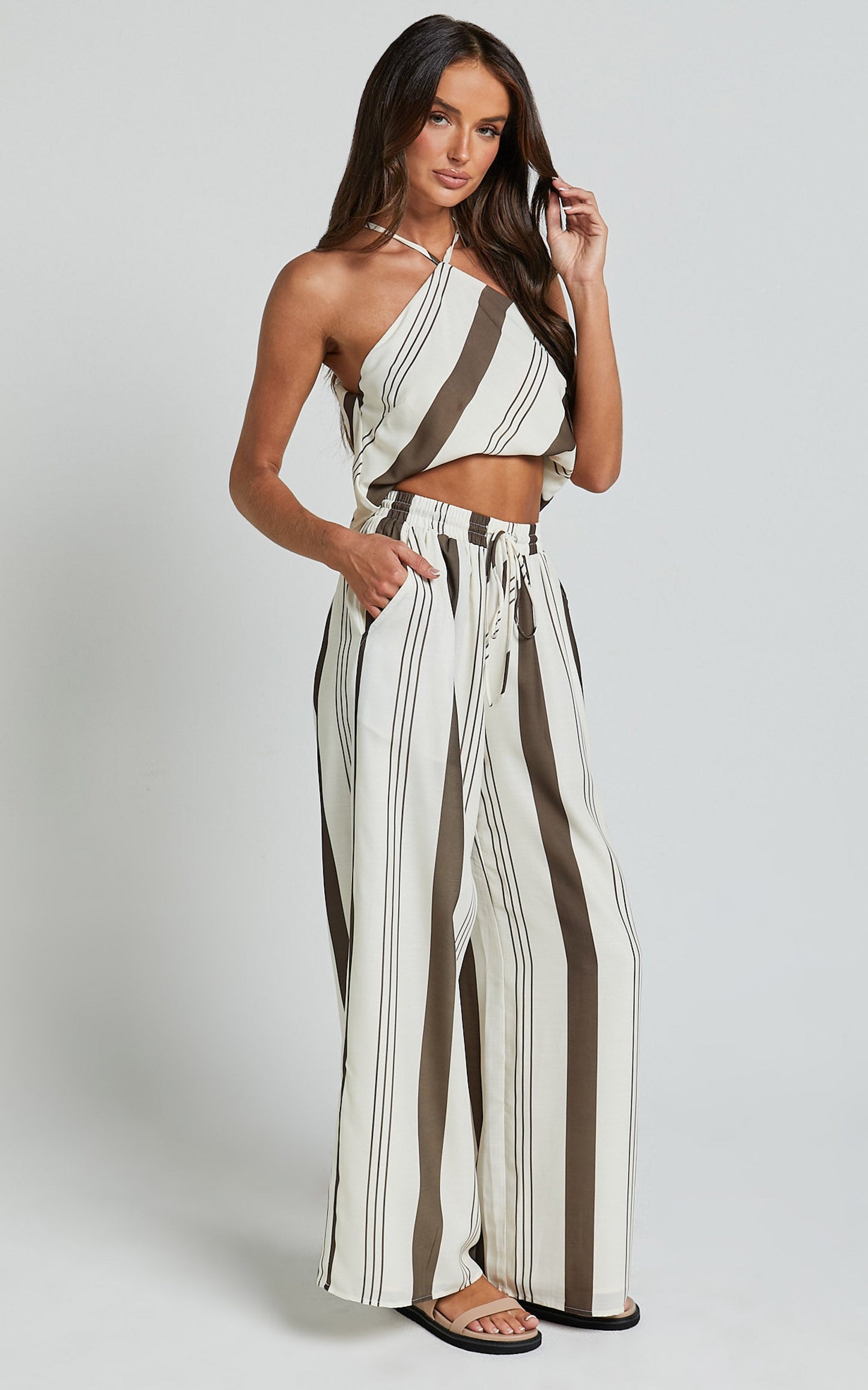 Zahara Pants - High Waisted Relaxed Wide Leg Pants in Choc Stripe