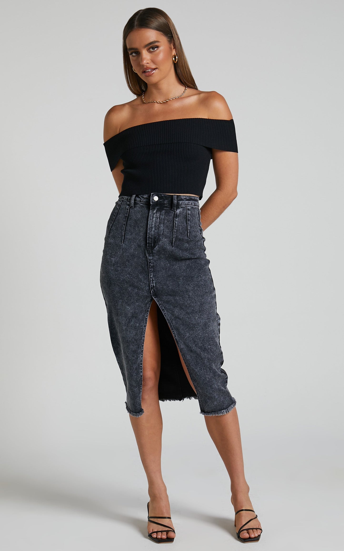Zaina Top - Off The Shoulder Rib Knit Crop Top in Black