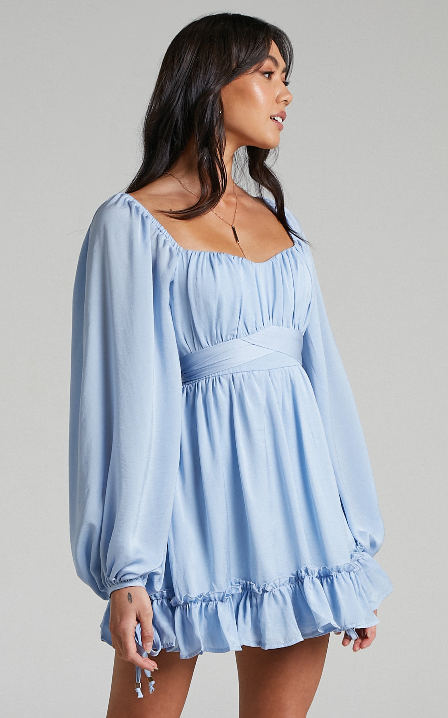 Zaire Mini Dress with Bodice Detailing in Dusty Blue