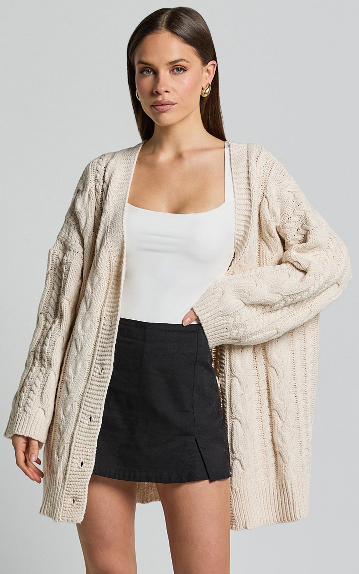 Zane Cardigan - Longline Cable Knit Oversized Cardigan in Cream