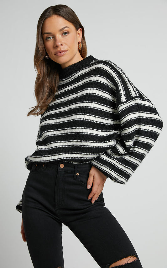 Zane Jumper - Long Sleeve Knit Jumper in Black and White Stripe