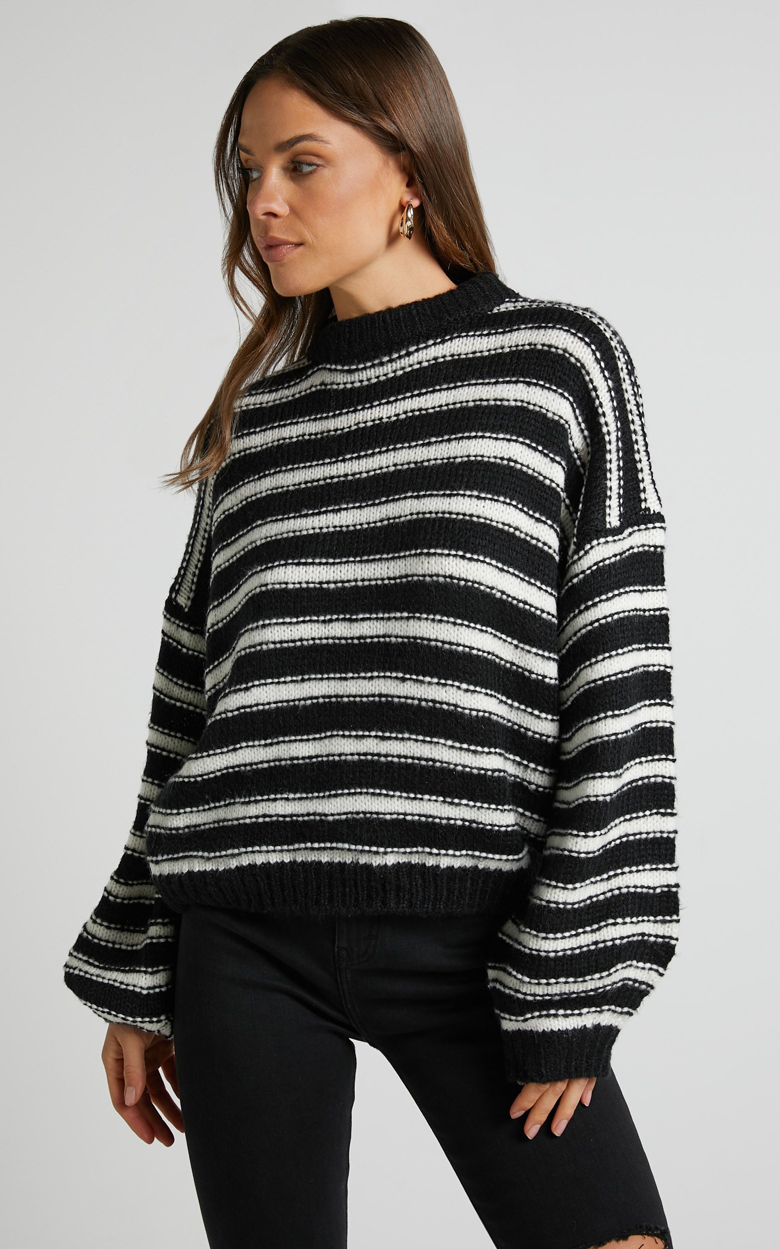 Zane Jumper - Long Sleeve Knit Jumper in Black and White Stripe