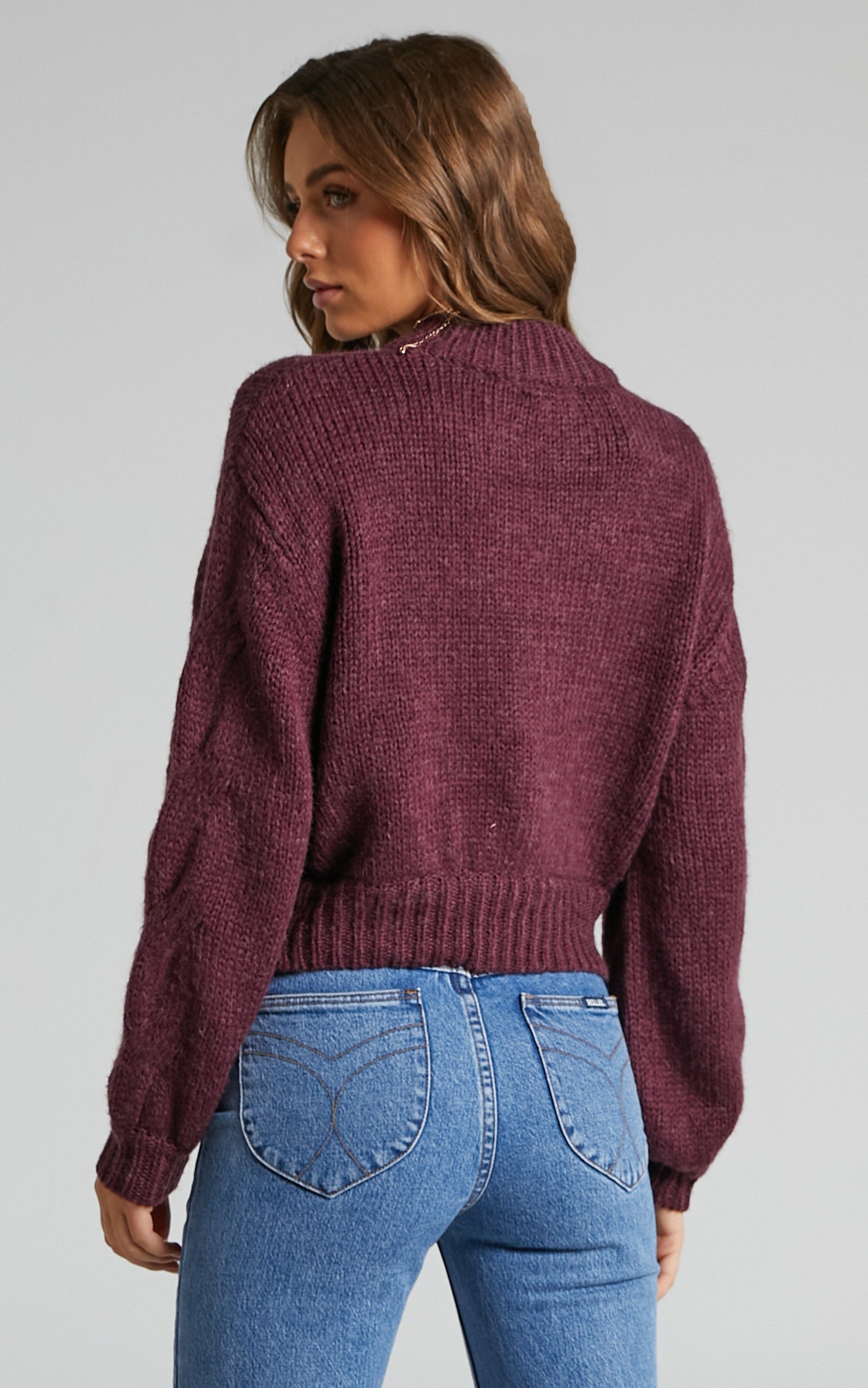 Zaphara Jumper - Cable Knit Sleeve High Neck Jumper in Merlot