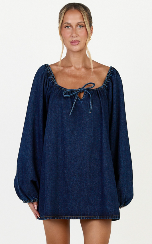 Zaria Mini Dress - Tie Detail Long Sleeve Smock Dress in Dark Blue Wash