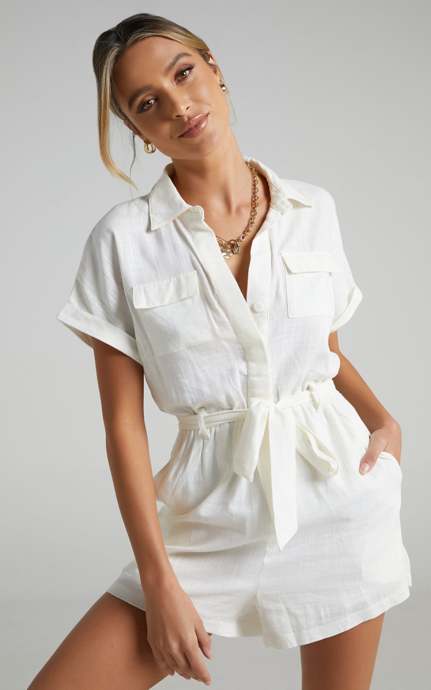 Zarina Belted Playsuit in White