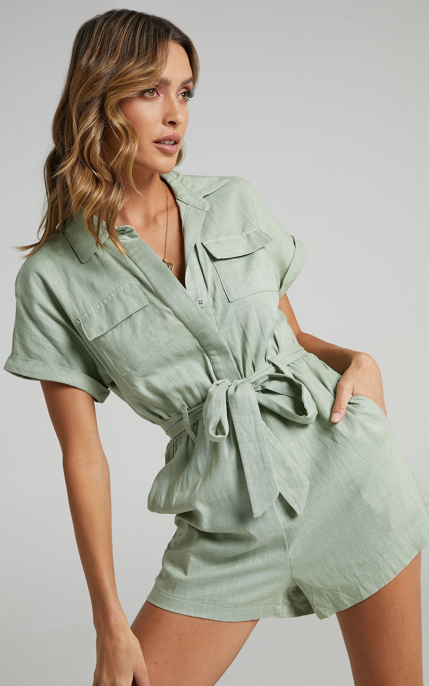 Zarina Belted Playsuit in Light Khaki