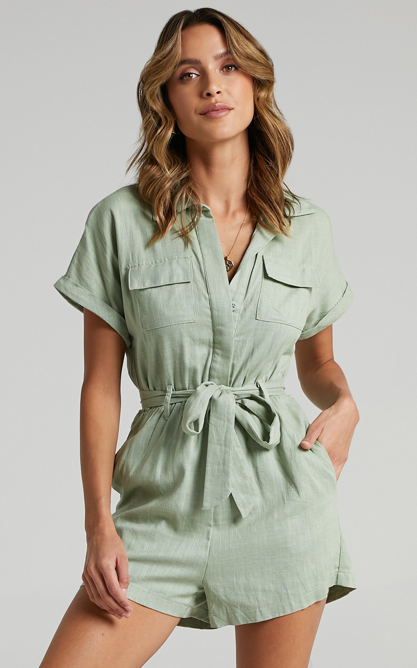 Zarina Belted Playsuit in Light Khaki