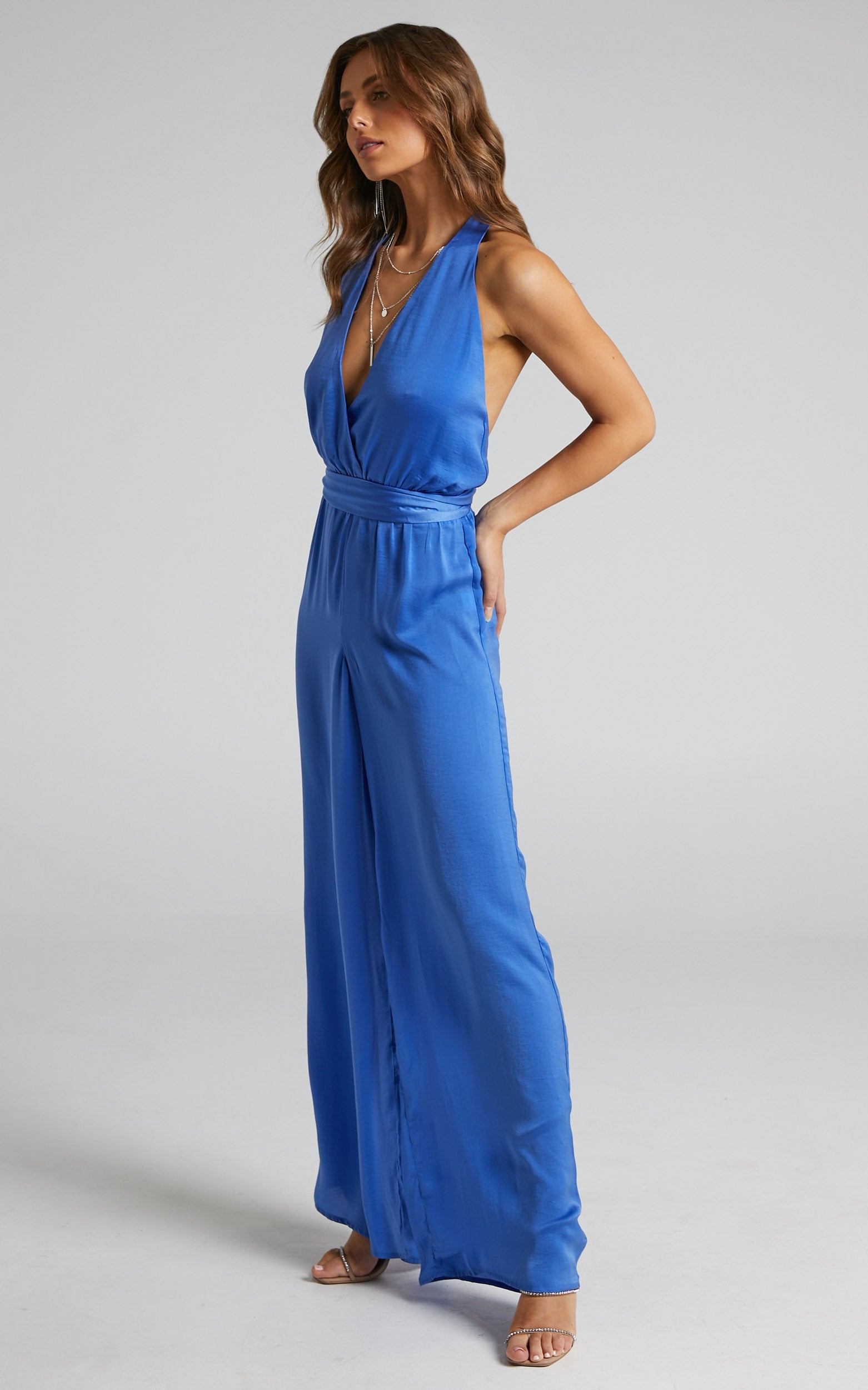 Zarina Jumpsuit - Plunge Neck Twist Back Jumpsuit in Blue