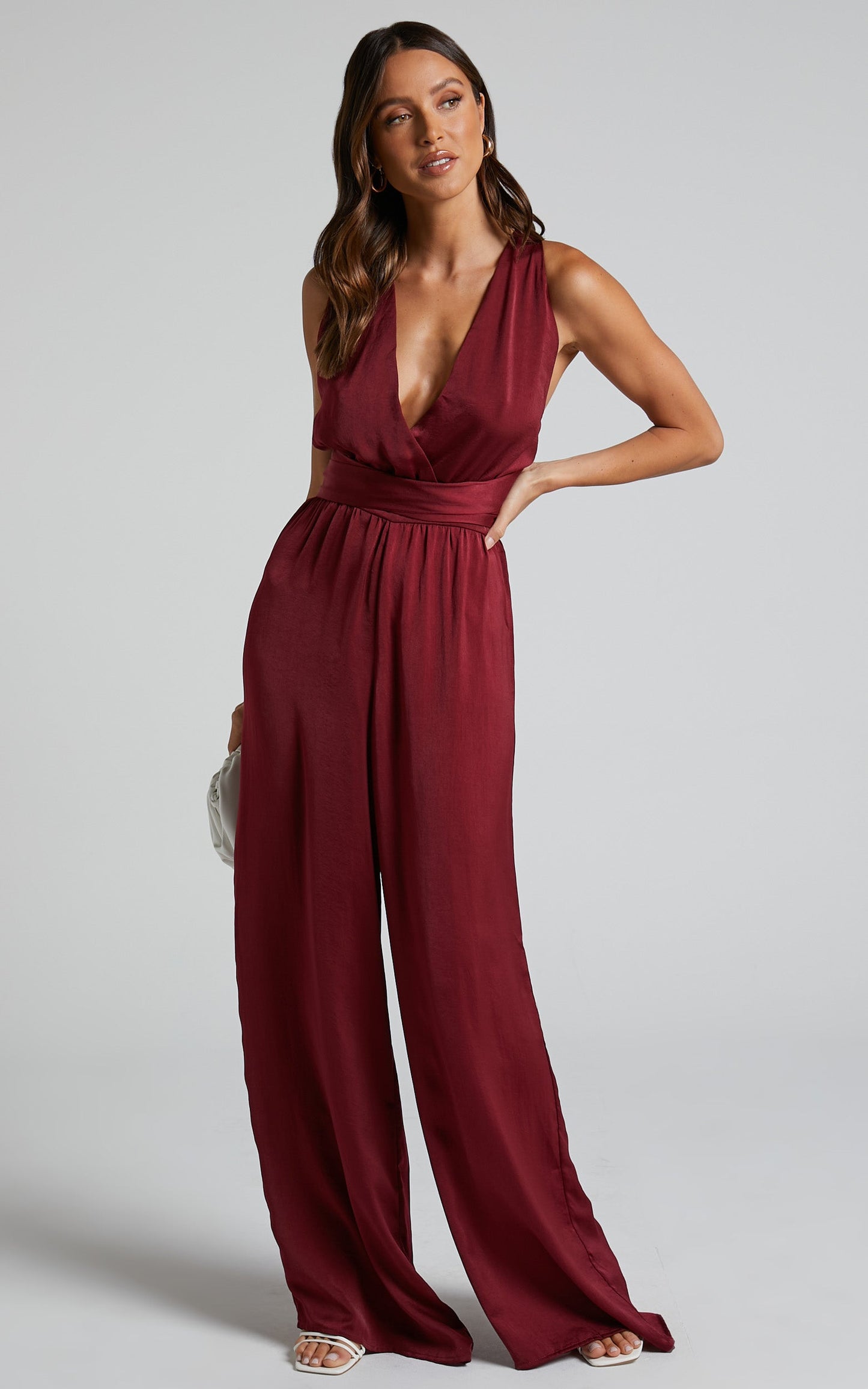 Zarina Jumpsuit - Plunge Neck Twist Back Jumpsuit in Maroon