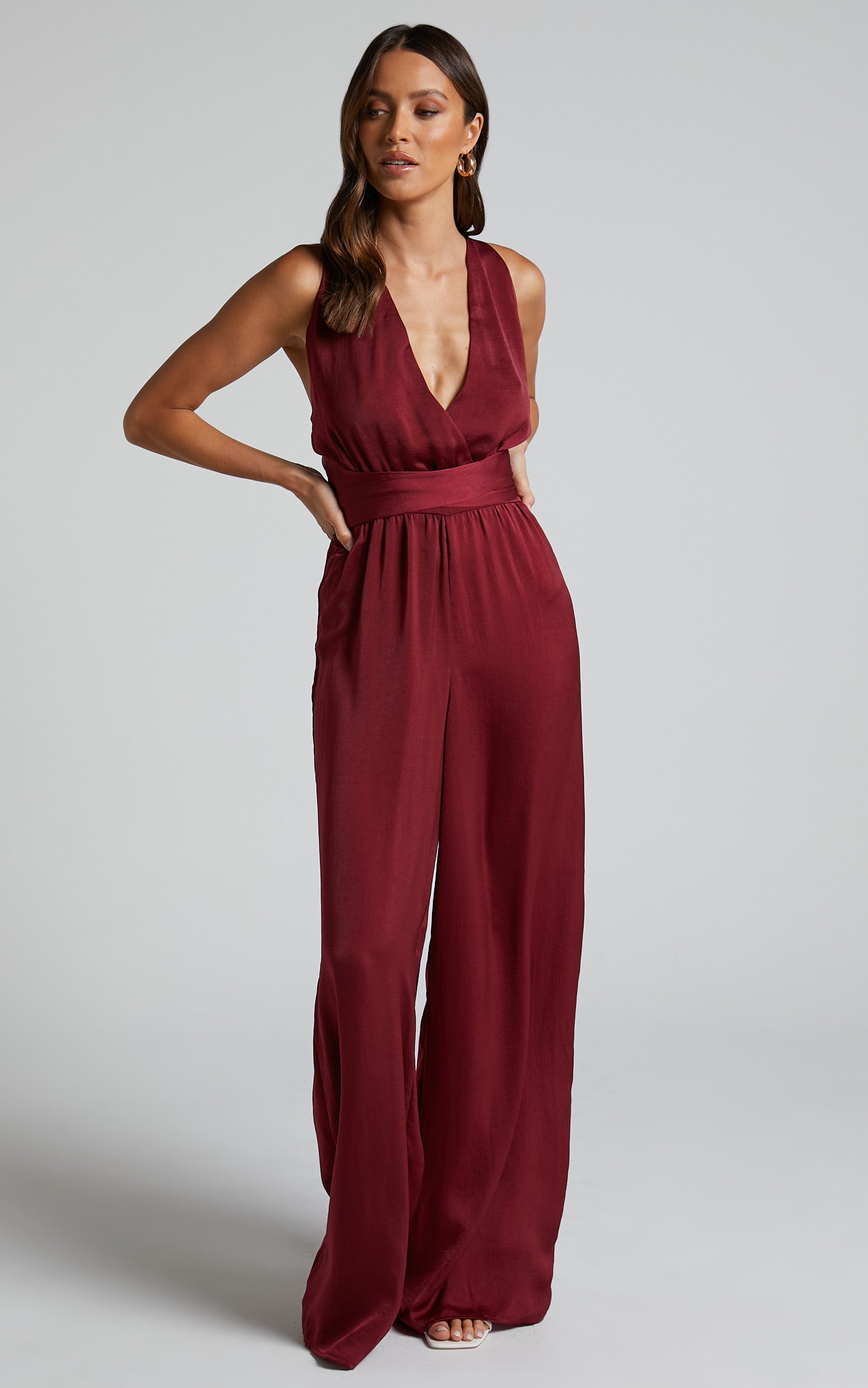 Zarina Jumpsuit - Plunge Neck Twist Back Jumpsuit in Maroon
