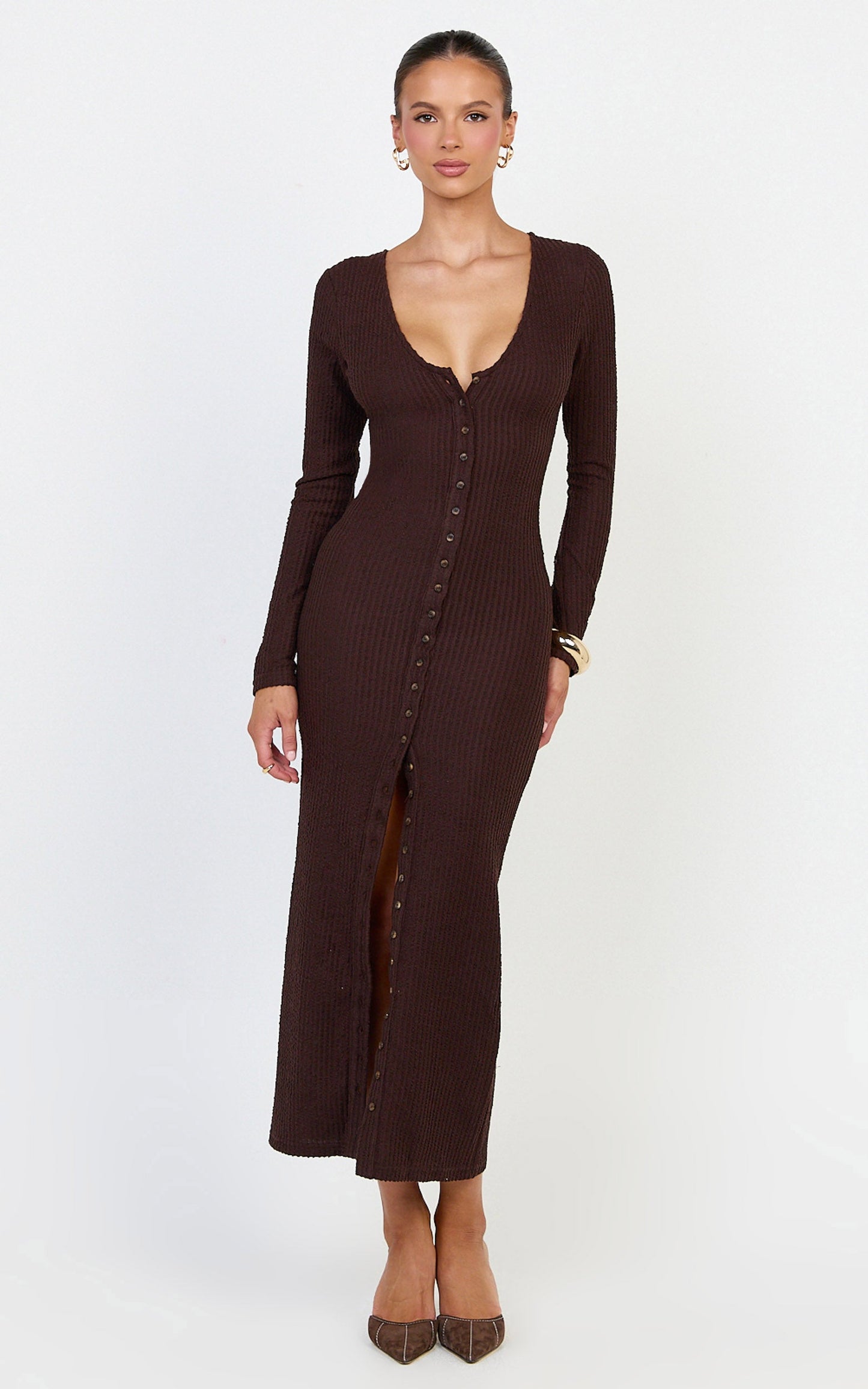 Zayla Midi Dress - Long Sleeve Button Front Bodycon Dress in Chocolate