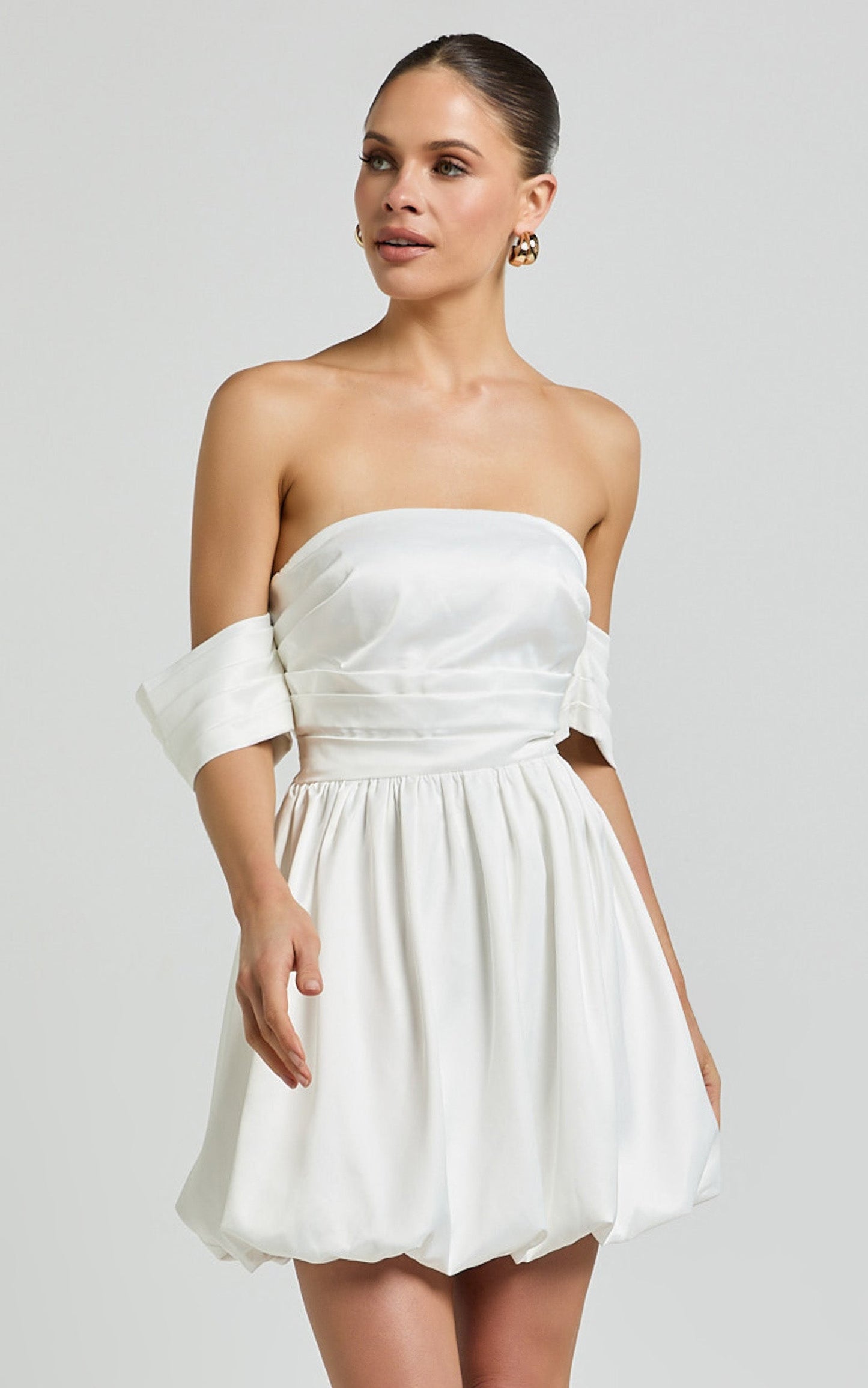 Zayla Mini Dress - Off Shoulder Bodice Fit and Flare Dress in Cream