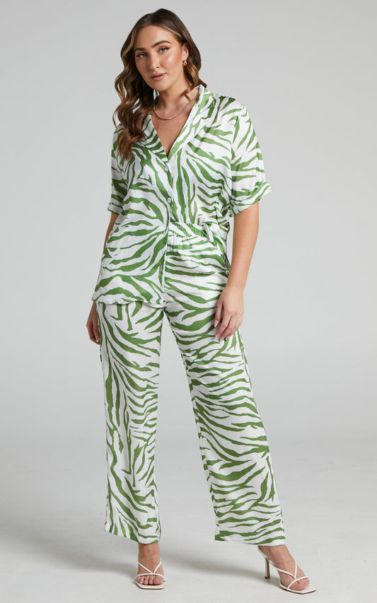 Zelda Two Piece Set - Short Sleeve Shirt and Pants Set in Lime/White Zebra