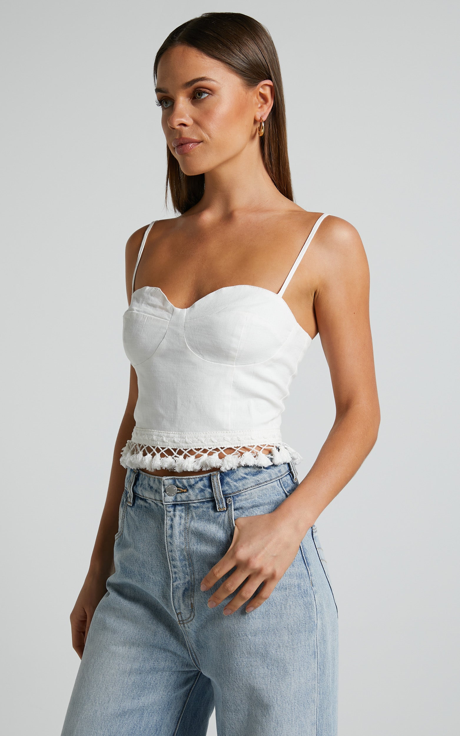 Zehanie Top - Bustier Tassel Trim Top in White