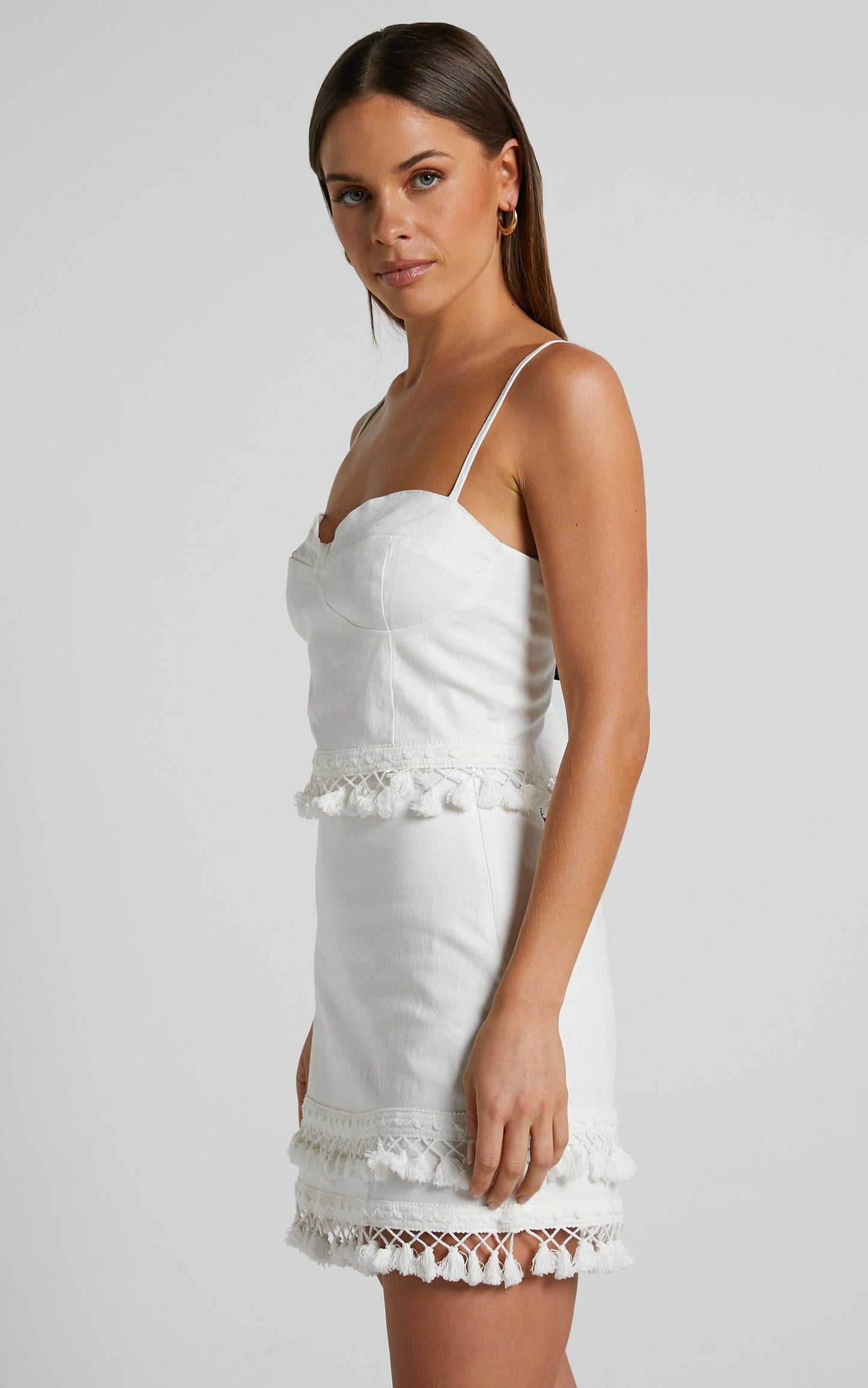 Zehanie Mini Skirt - Tassel Trim A-line Skirt in White