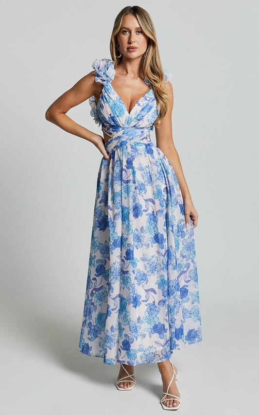 Zeita Midi Dress - Ruffle Detail Strap Cut Out Dress in Blue and White Print