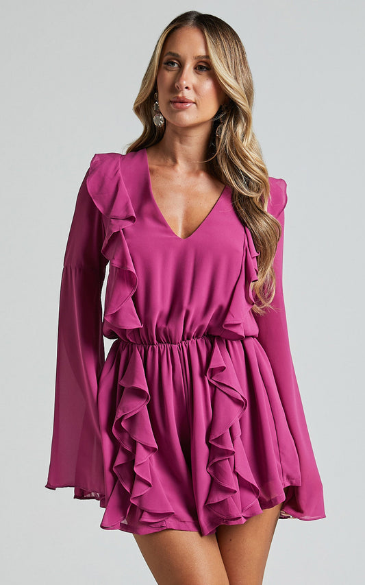Zella Playsuit - Plunge Ruffle Detail Long Sleeve in Grape