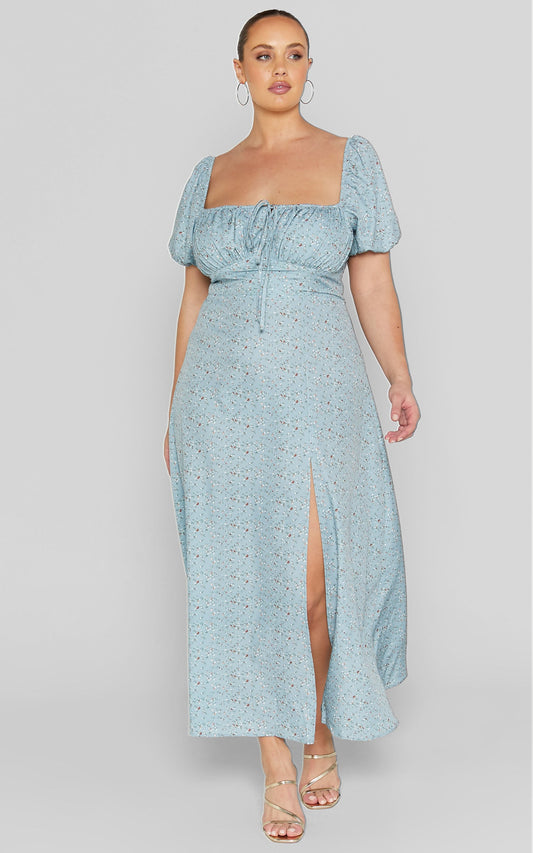 Zenny Midi Dress - Ruched Bust Floral Dress in Light Blue