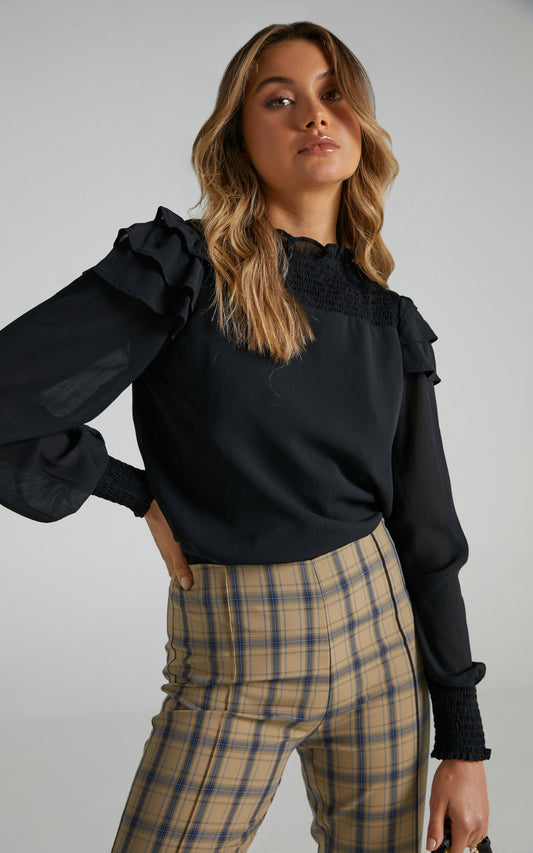 Zenobia Top - Longsleeve Ruffle Top in Black