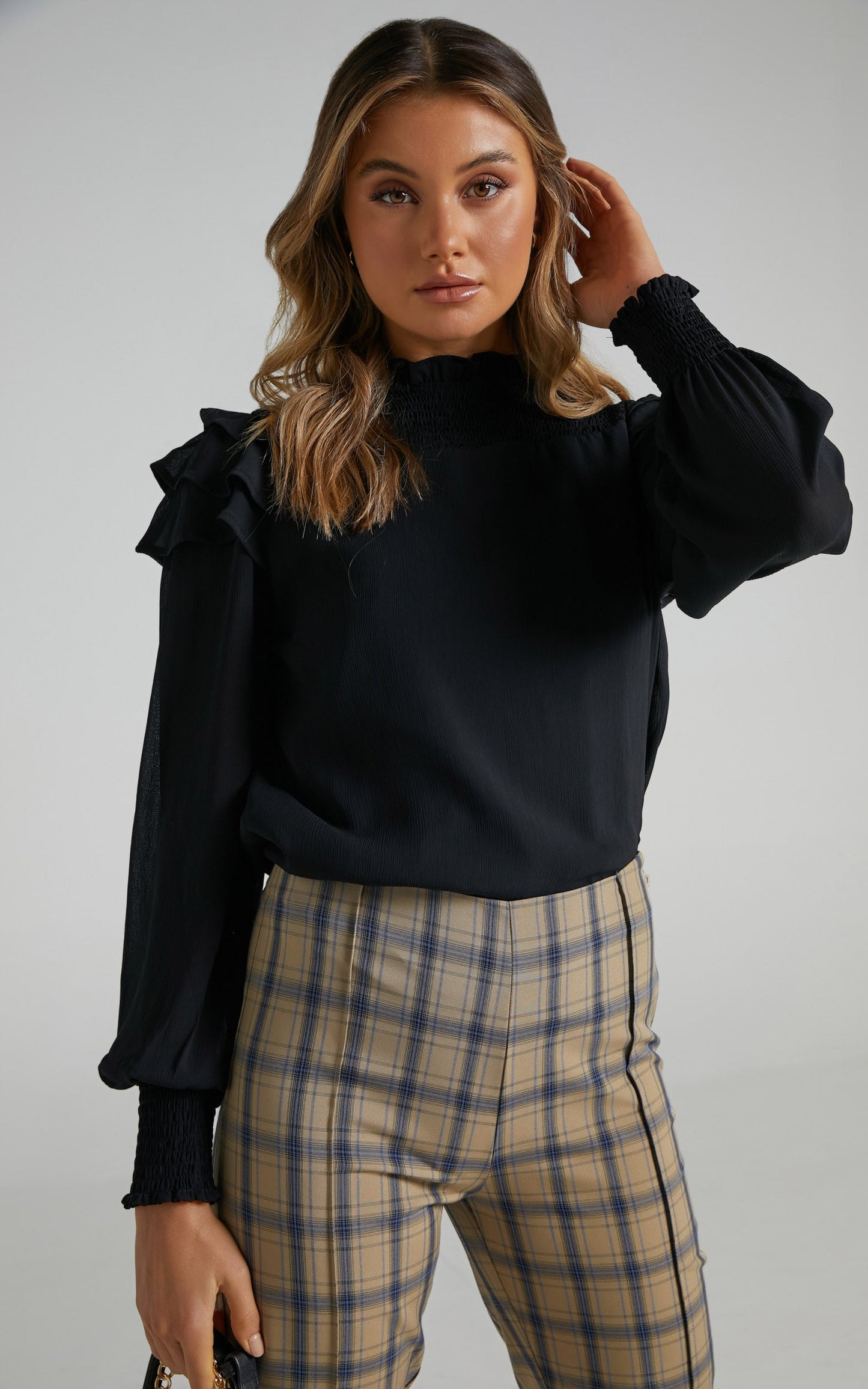 Zenobia Top - Longsleeve Ruffle Top in Black