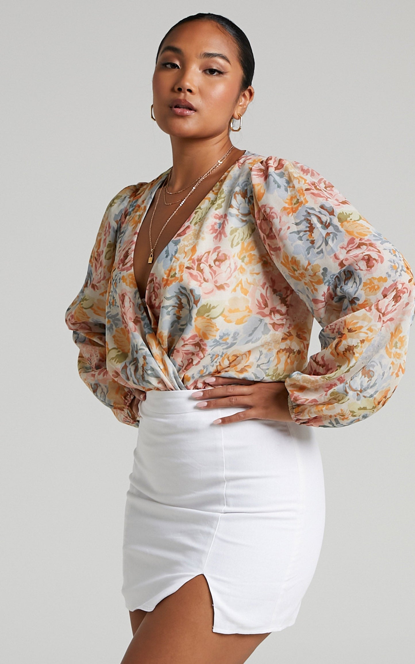 Zhenie Wrap Front Bodysuit in Multi Floral