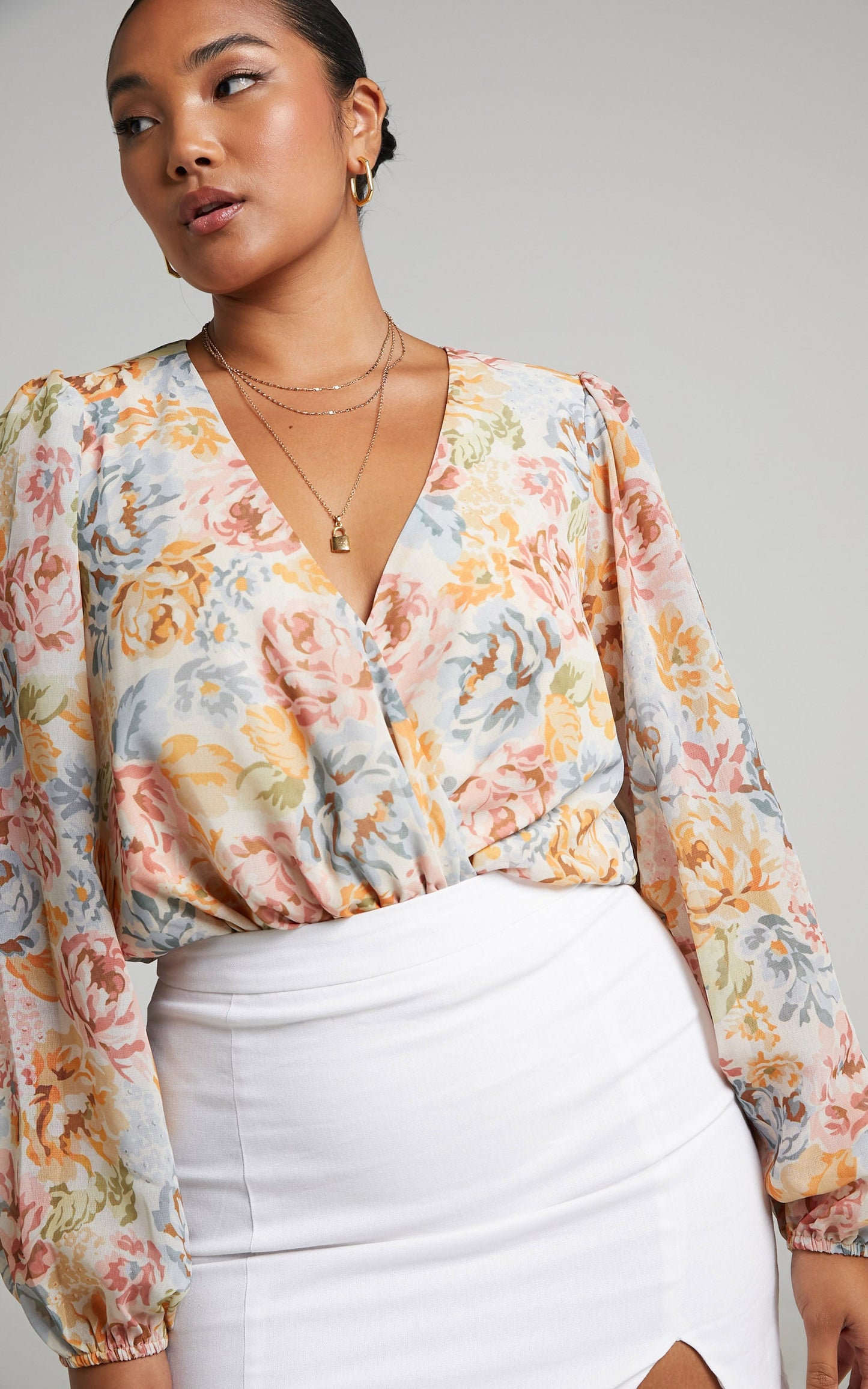 Zhenie Wrap Front Bodysuit in Multi Floral