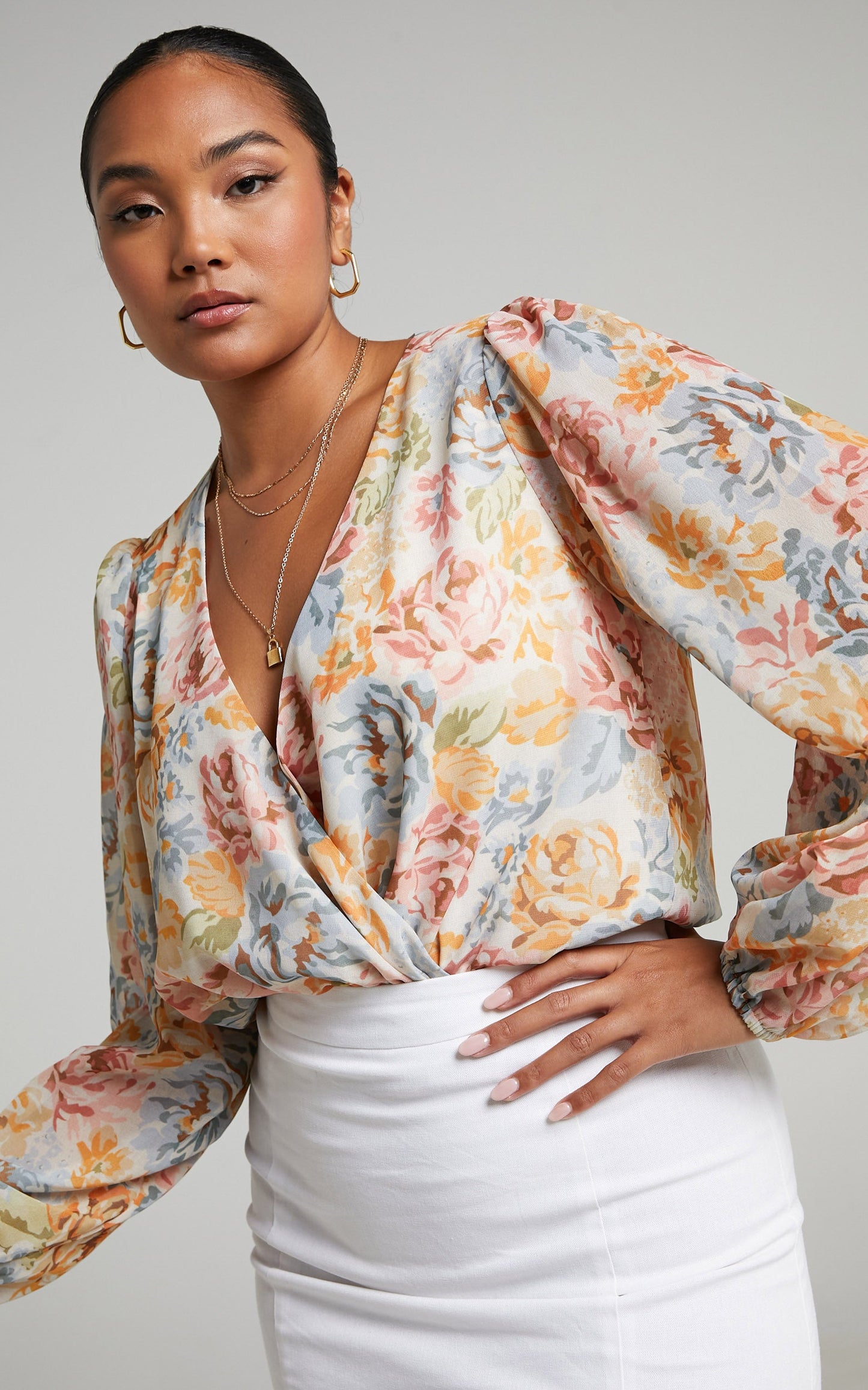 Zhenie Wrap Front Bodysuit in Multi Floral