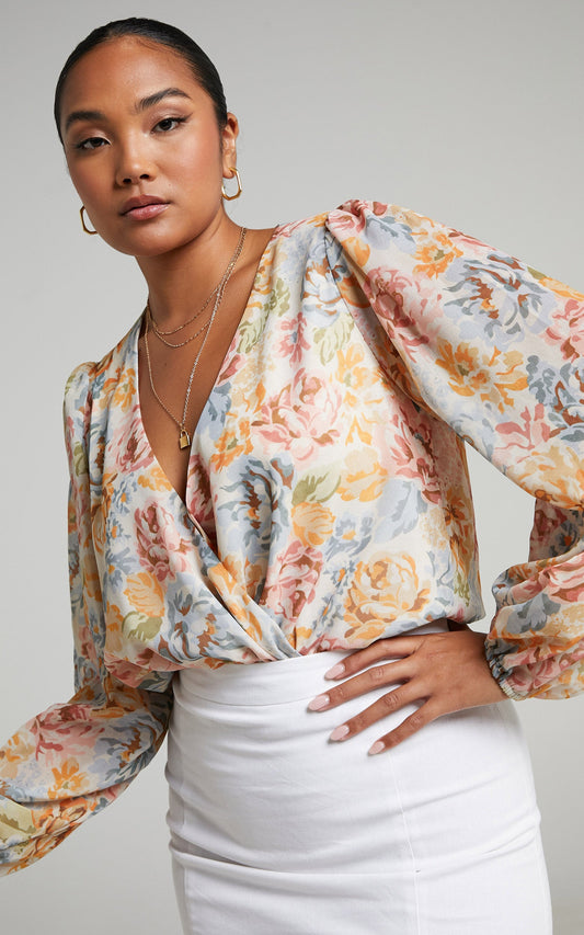 Zhenie Wrap Front Bodysuit in Multi Floral