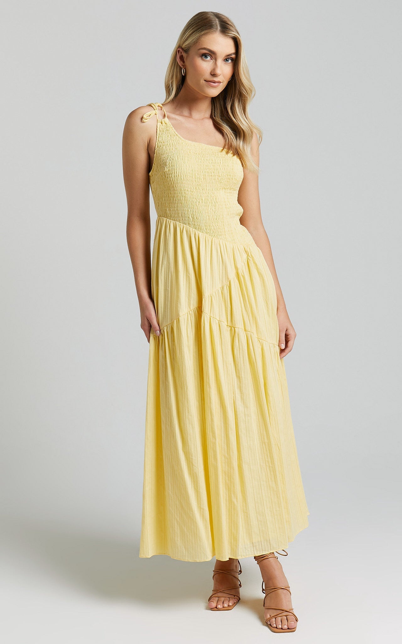 Zhibet Midi Dress - One Shoulder Tie Fit and Flare Dress in Yellow