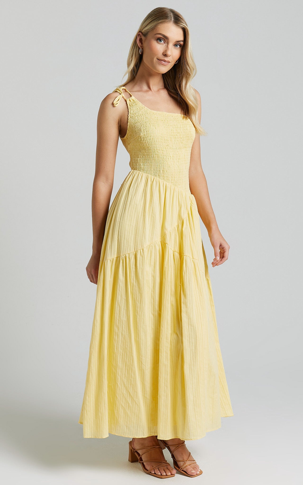 Zhibet Midi Dress - One Shoulder Tie Fit and Flare Dress in Yellow