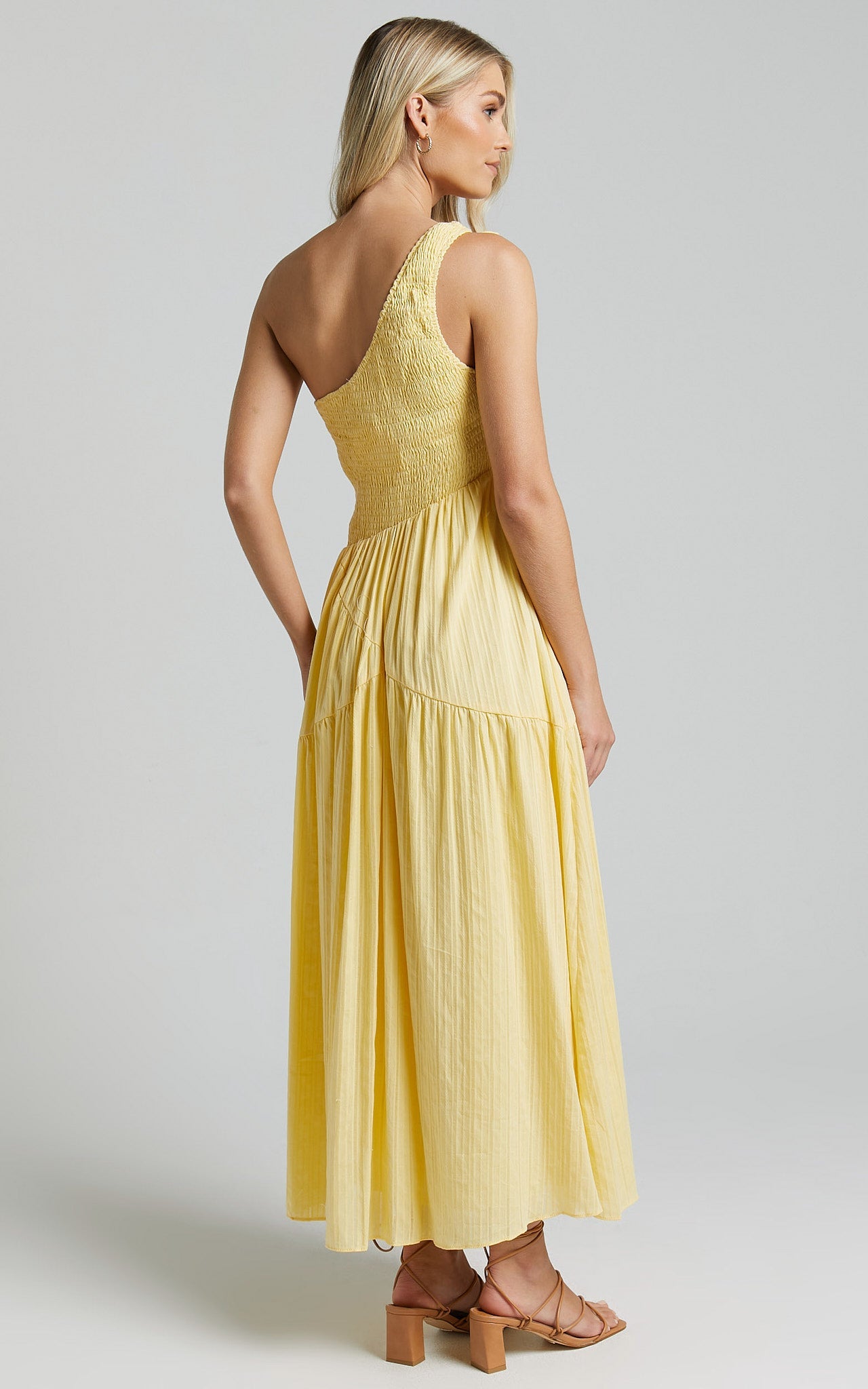 Zhibet Midi Dress - One Shoulder Tie Fit and Flare Dress in Yellow