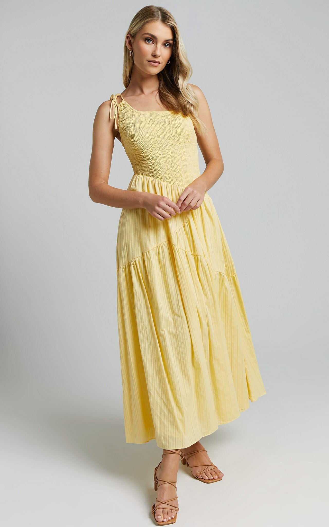 Zhibet Midi Dress - One Shoulder Tie Fit and Flare Dress in Yellow