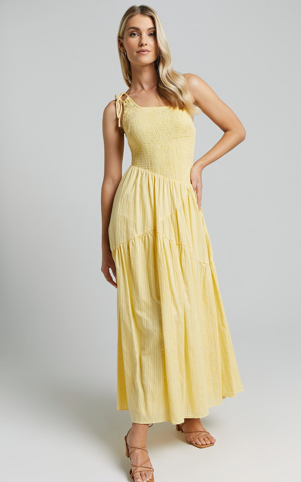 Zhibet Midi Dress - One Shoulder Tie Fit and Flare Dress in Yellow