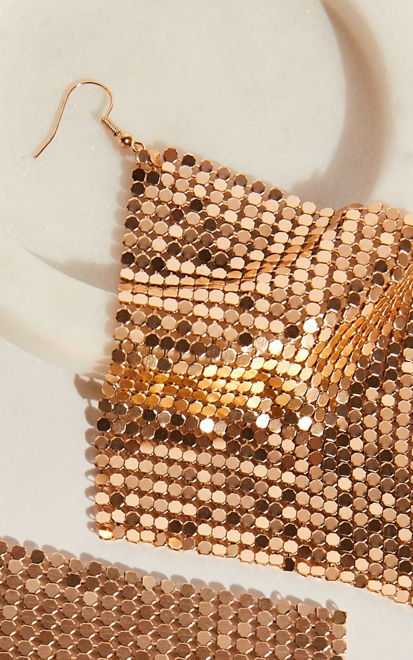 Zhyra Drop Diamante Mesh Earrings in Gold Mesh