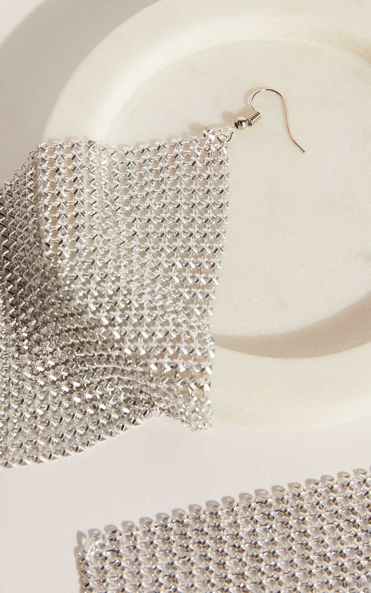 Zhyra Drop Diamante Mesh Earrings in Silver Mesh