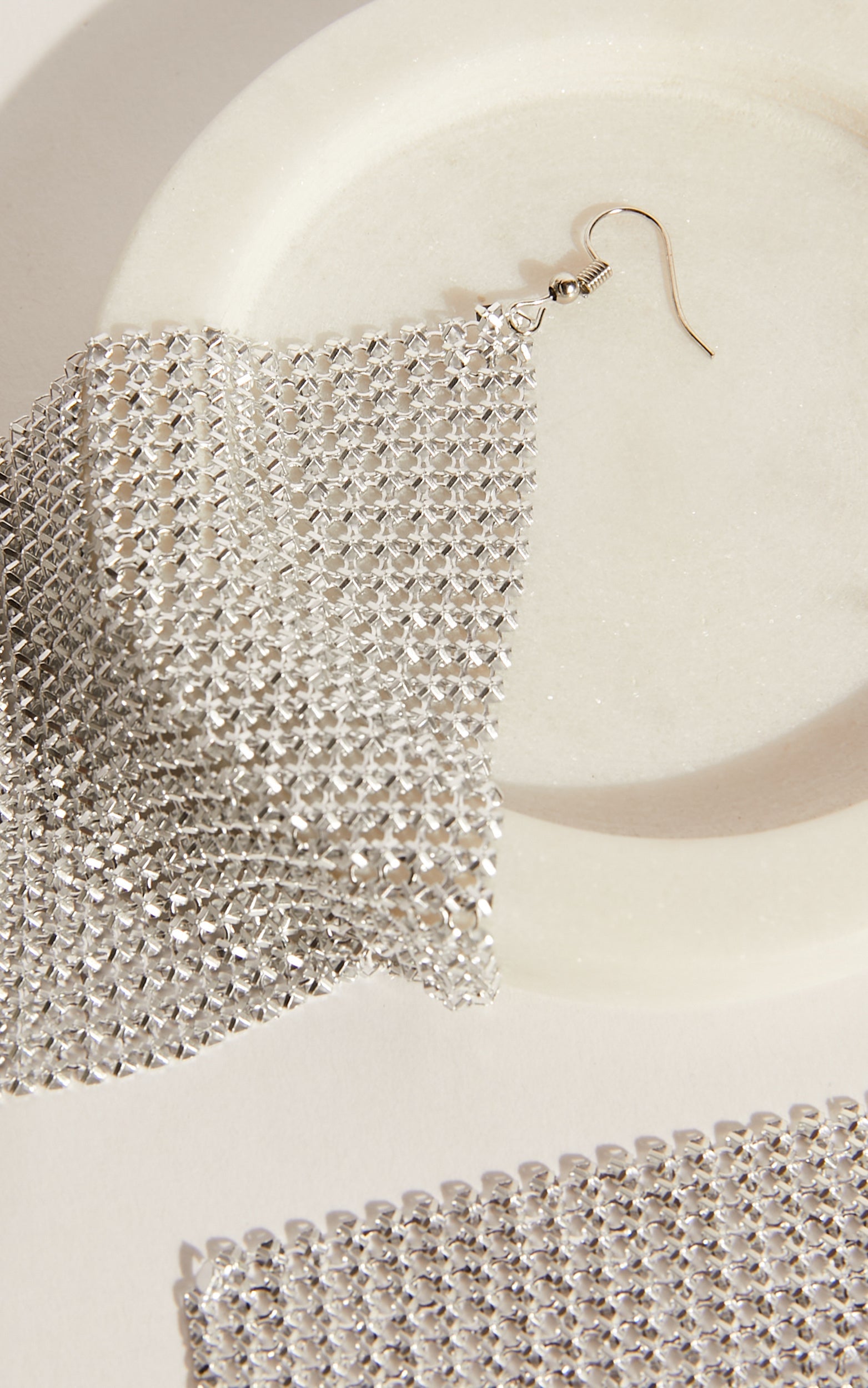 Zhyra Drop Diamante Mesh Earrings in Silver Mesh