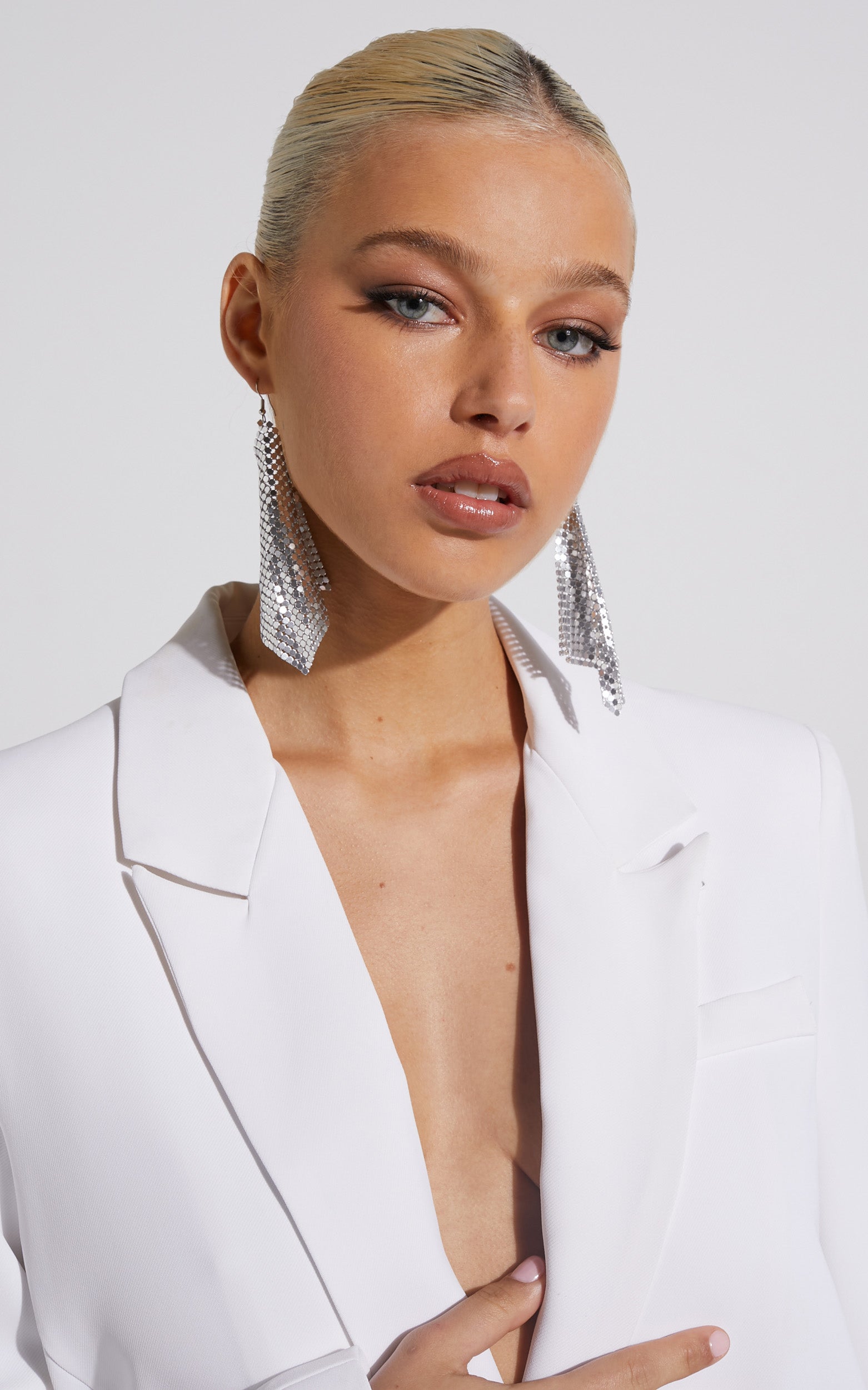 Zhyra Drop Diamante Mesh Earrings in Silver Mesh