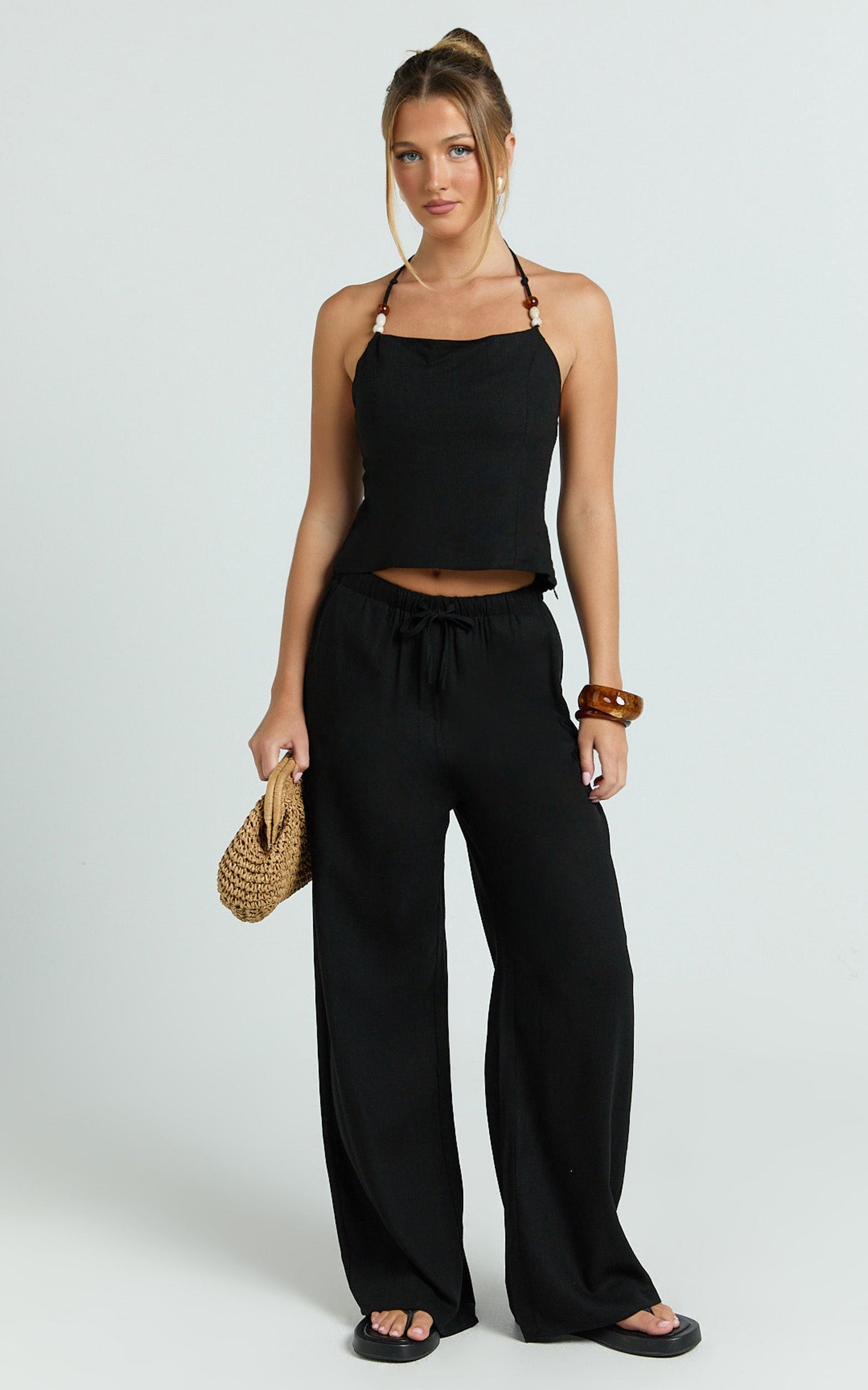 Zia Two Piece Set - Beaded Top and Wide Leg Pant Set in Black