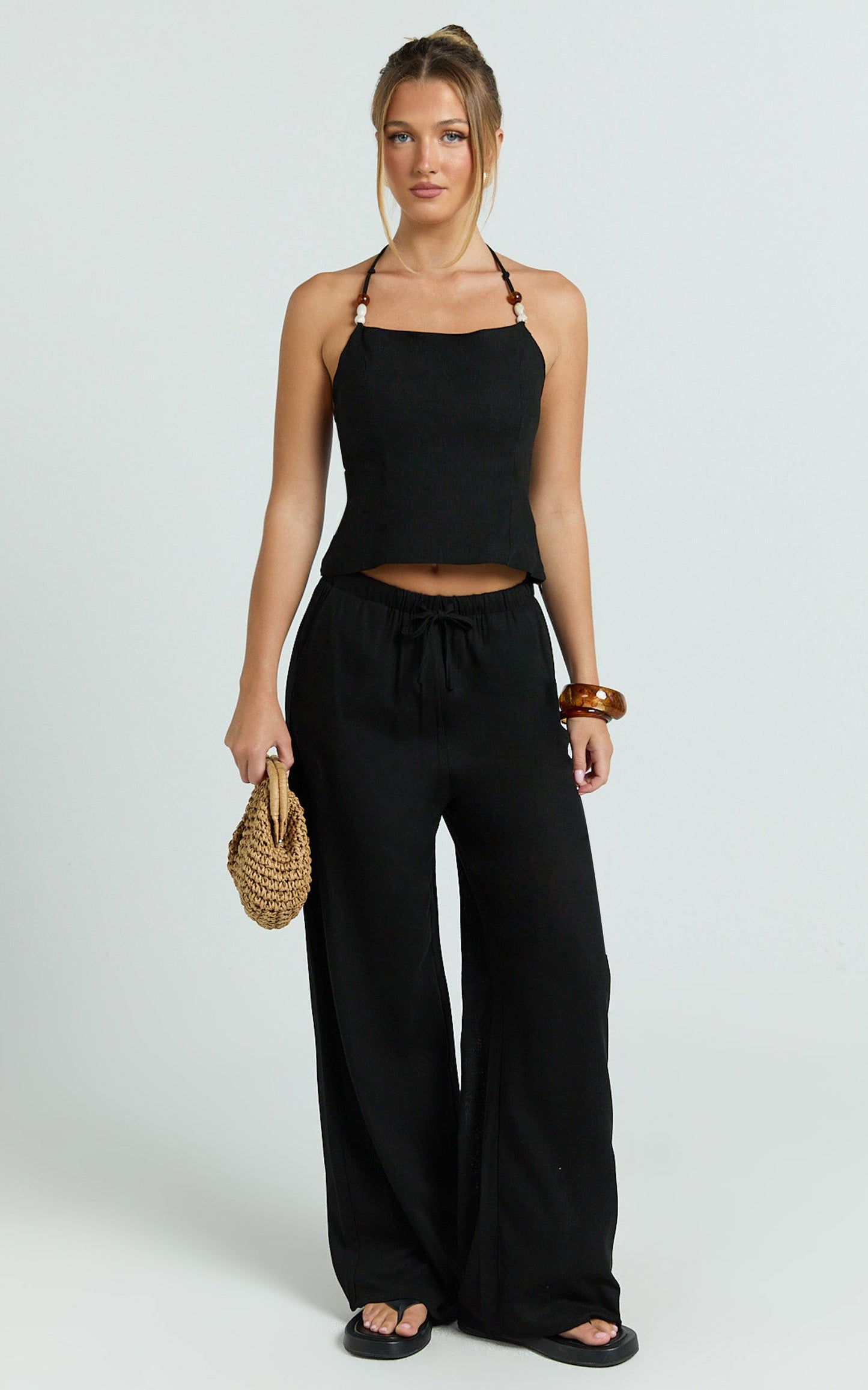 Zia Two Piece Set - Beaded Top and Wide Leg Pant Set in Black