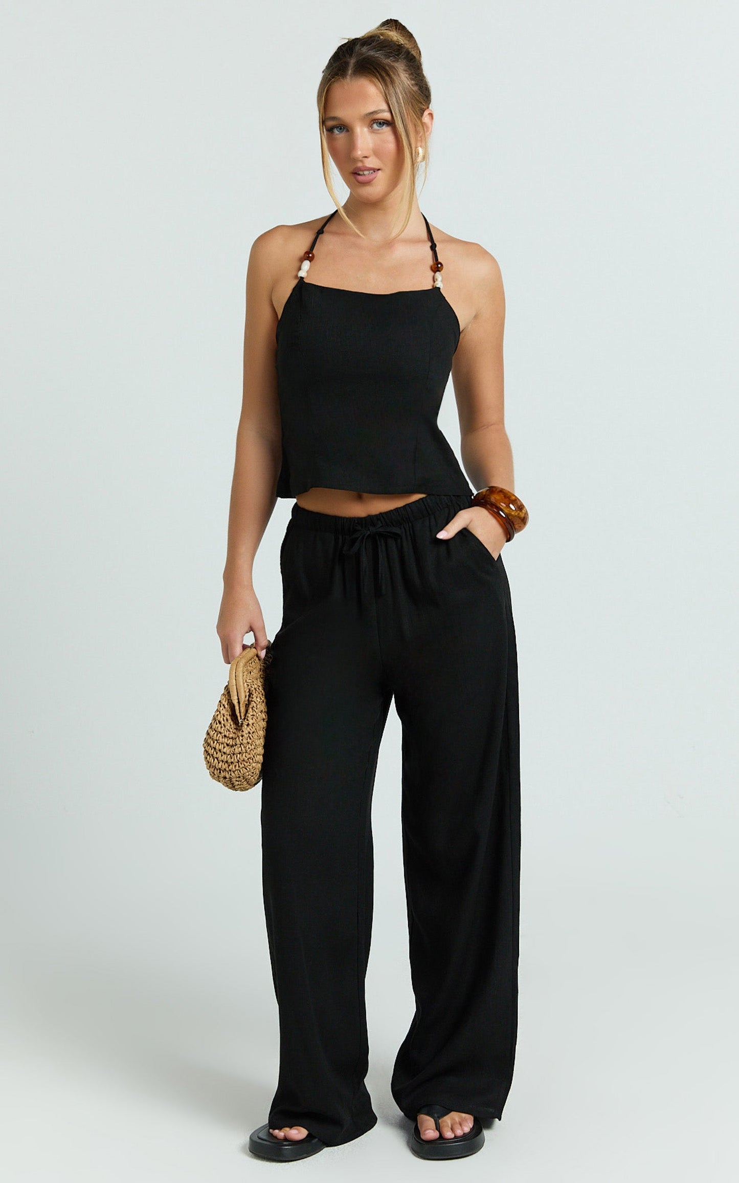 Zia Two Piece Set - Beaded Top and Wide Leg Pant Set in Black