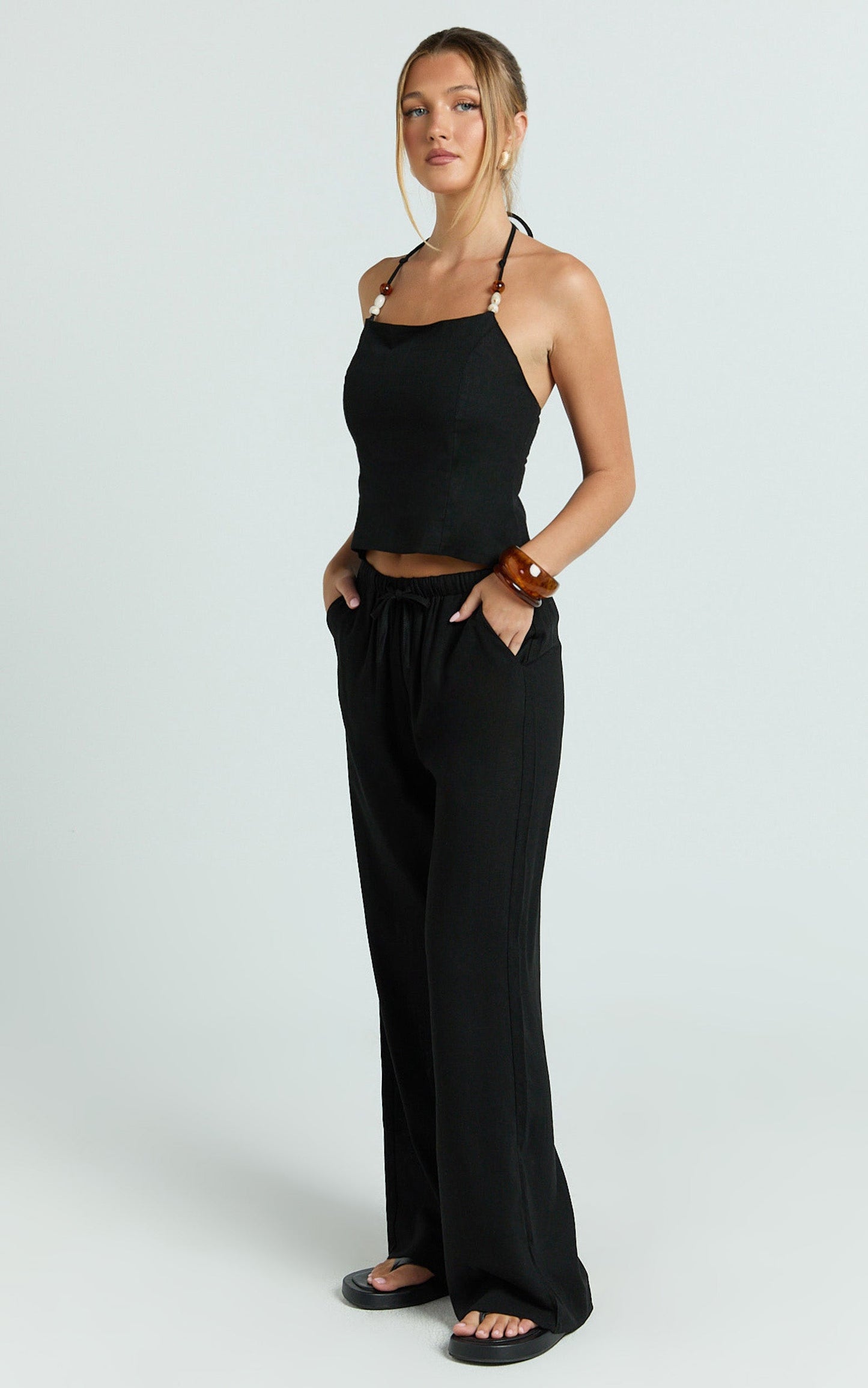 Zia Two Piece Set - Beaded Top and Wide Leg Pant Set in Black