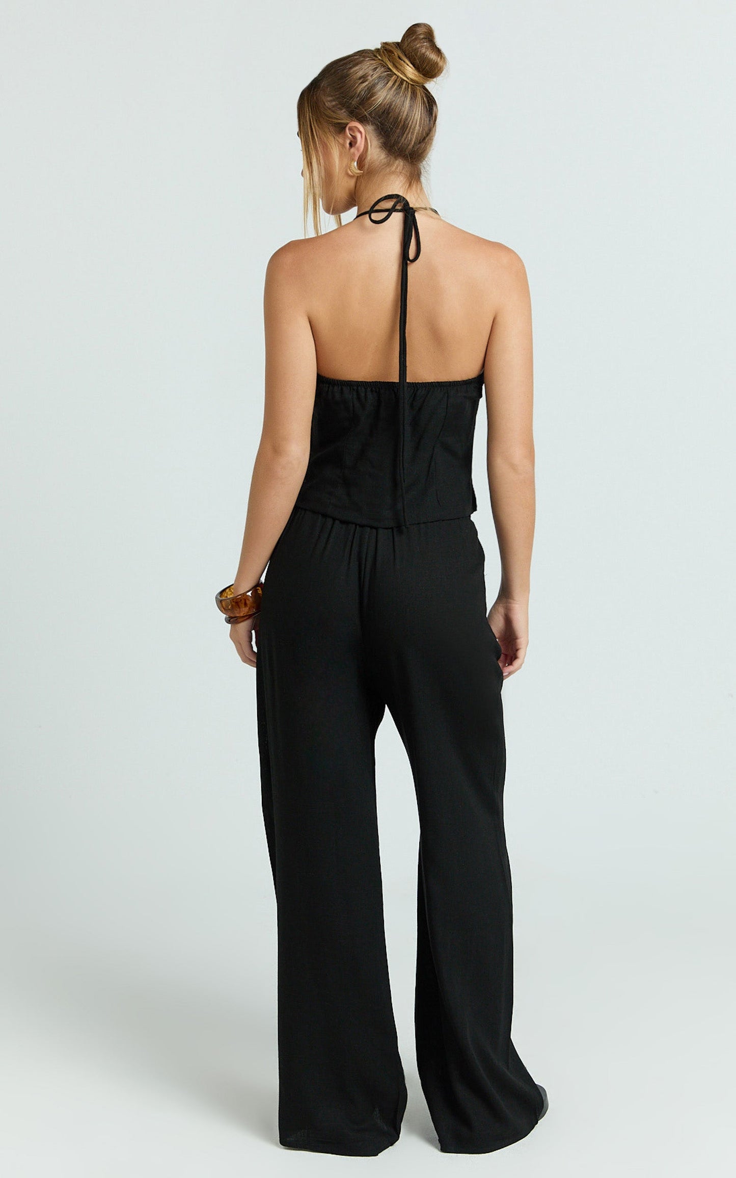 Zia Two Piece Set - Beaded Top and Wide Leg Pant Set in Black