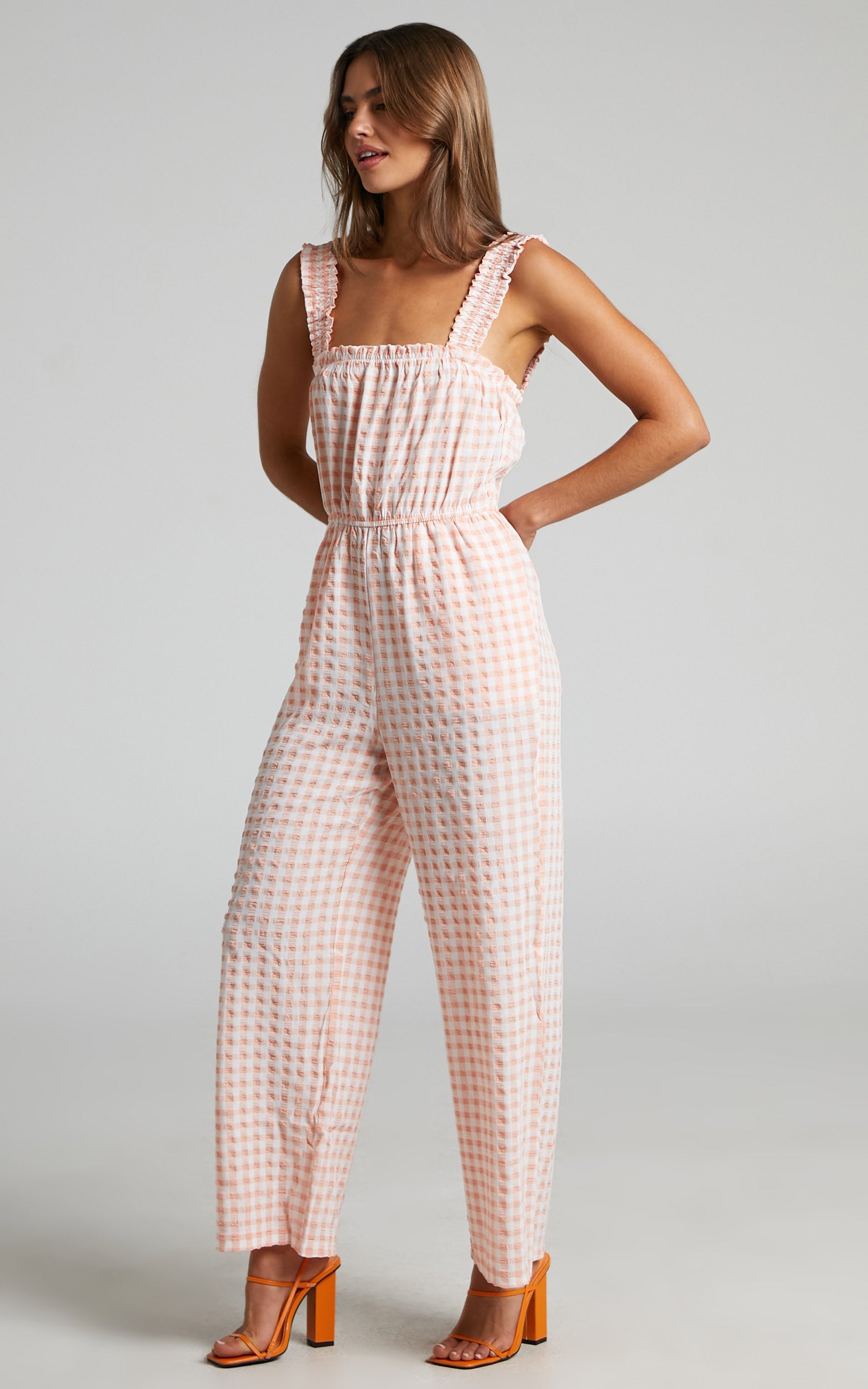 Zilliah Jumpsuit - Elastic Frill Strap Jumpsuit in Peach Gingham