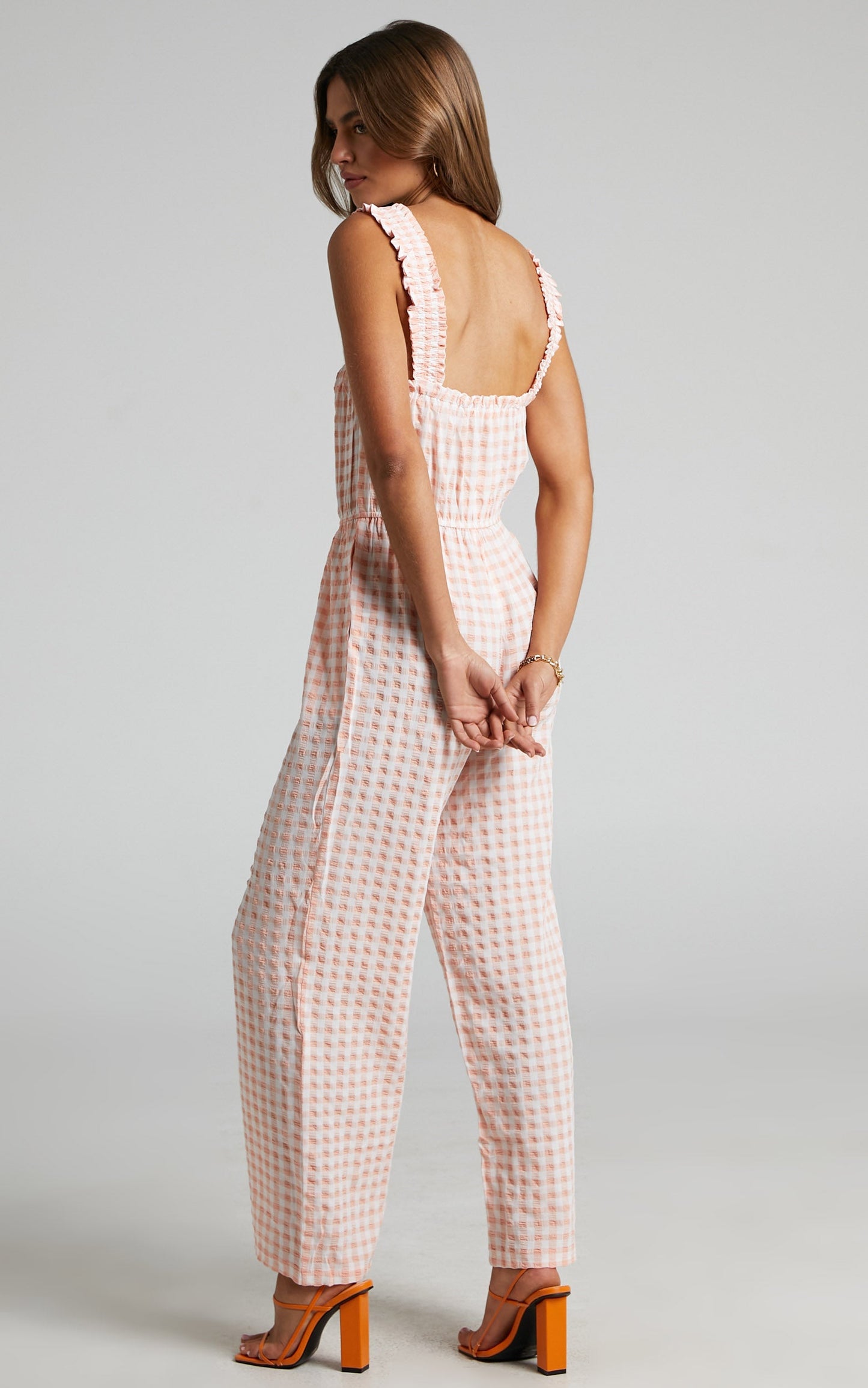 Zilliah Jumpsuit - Elastic Frill Strap Jumpsuit in Peach Gingham